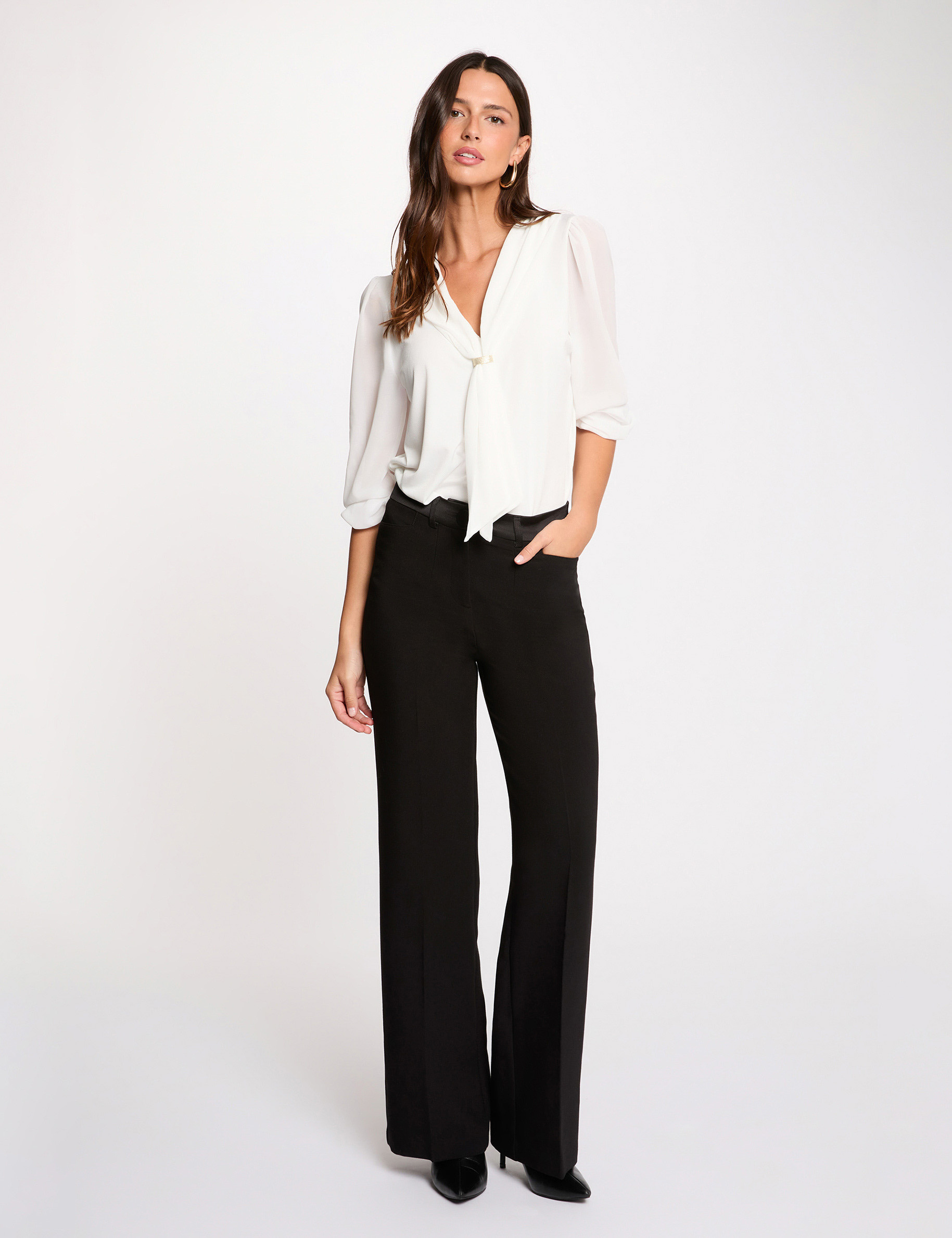 T-shirt voile col lavalli&egrave;re blanc femme