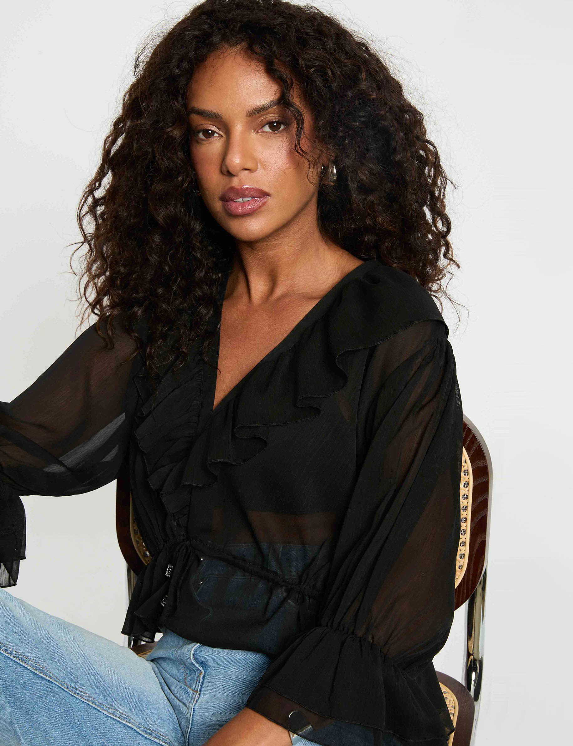 Blouse van voile met V-hals zwart vrouw