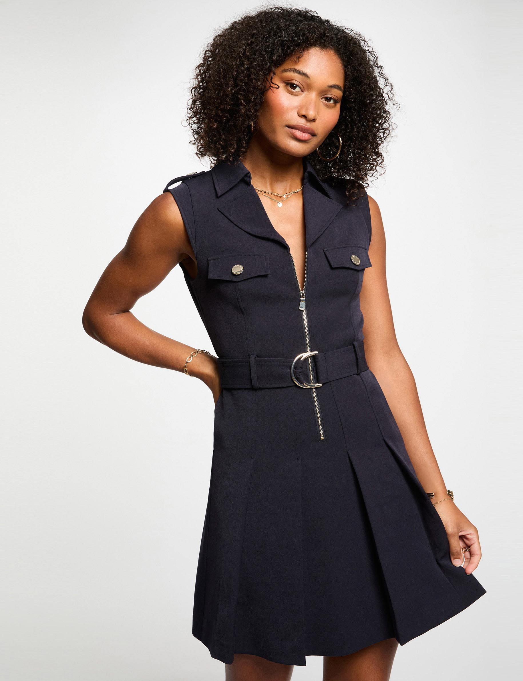 Robe courte trapèze plis bleu marine femme