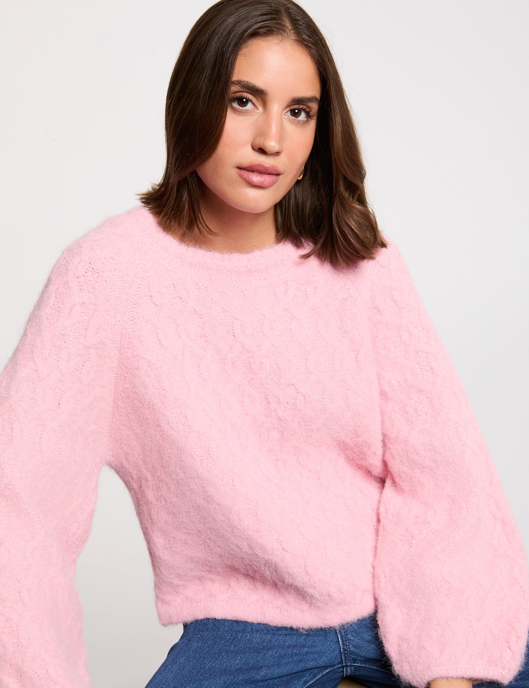 Pull &eacute;pais col rond rose femme