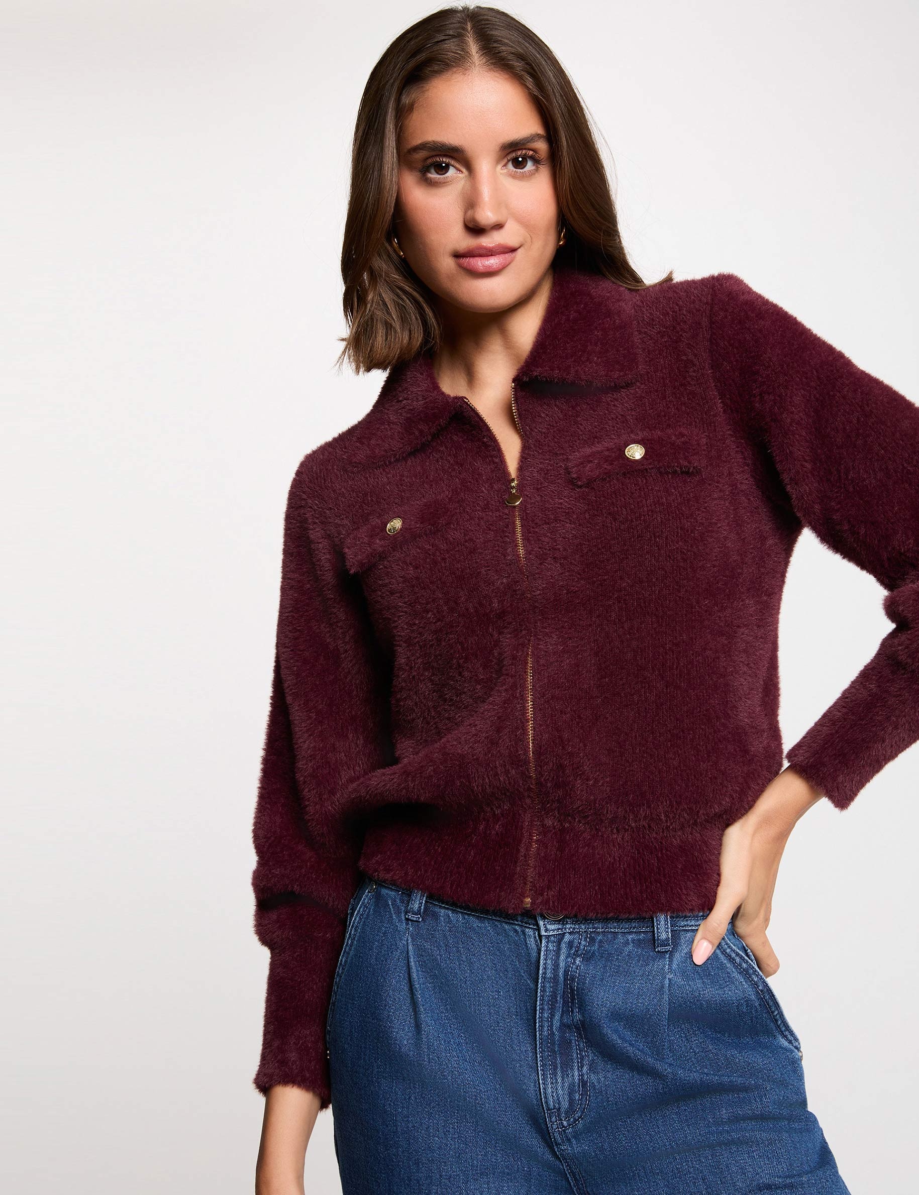 vest met lange mouwen en reverskraag pruim vrouw Vest met lange mouwen en reverskraag pruim vrouw
