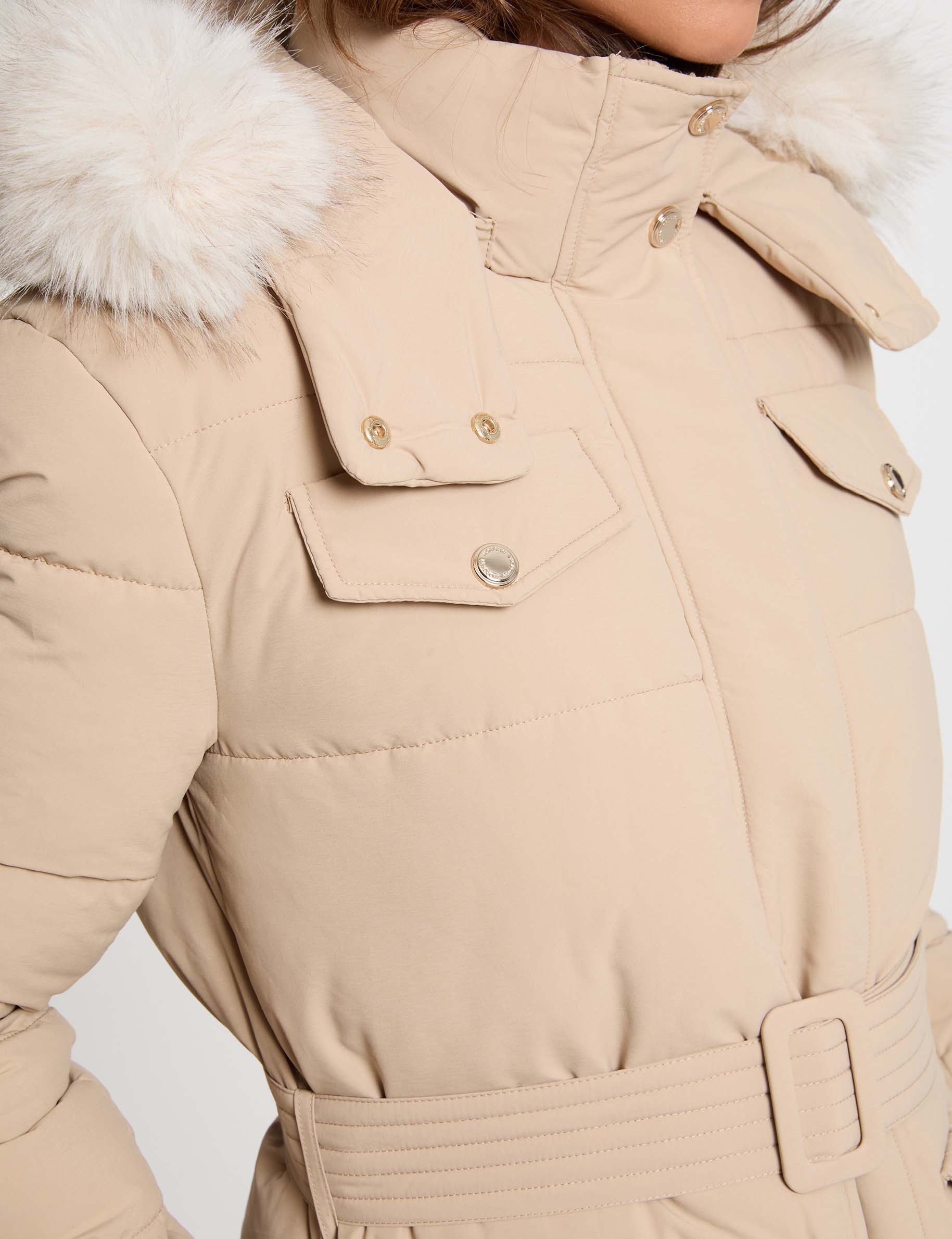Doudoune longue ceintur&eacute;e beige femme