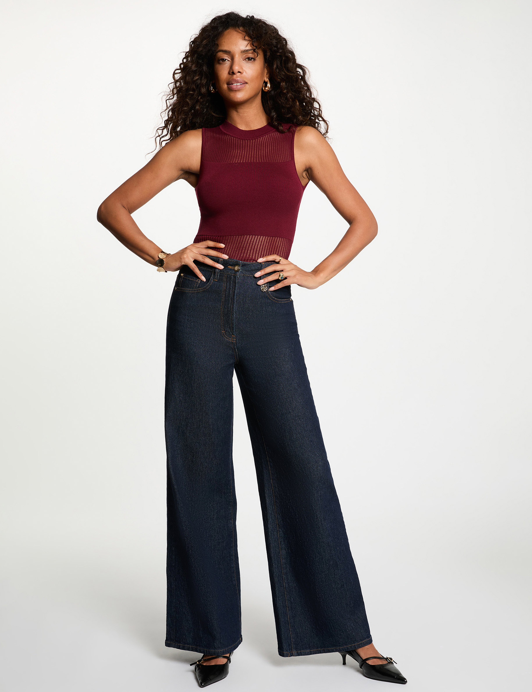 Top maille sans manches bordeaux femme