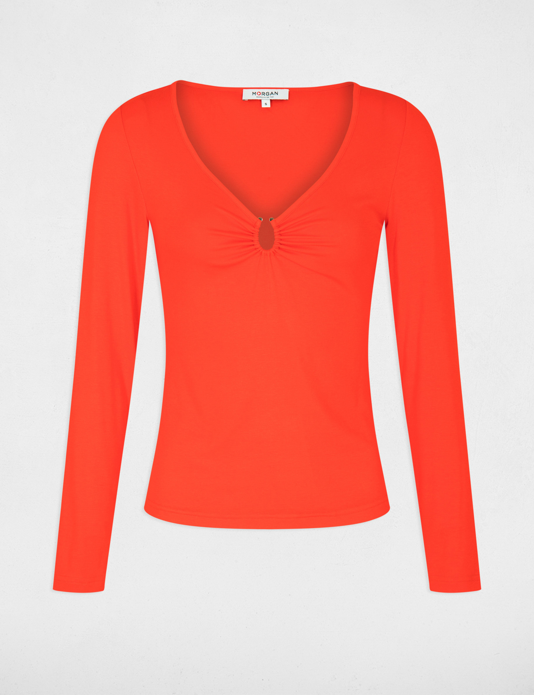 T-shirt manches longues col en V orange femme