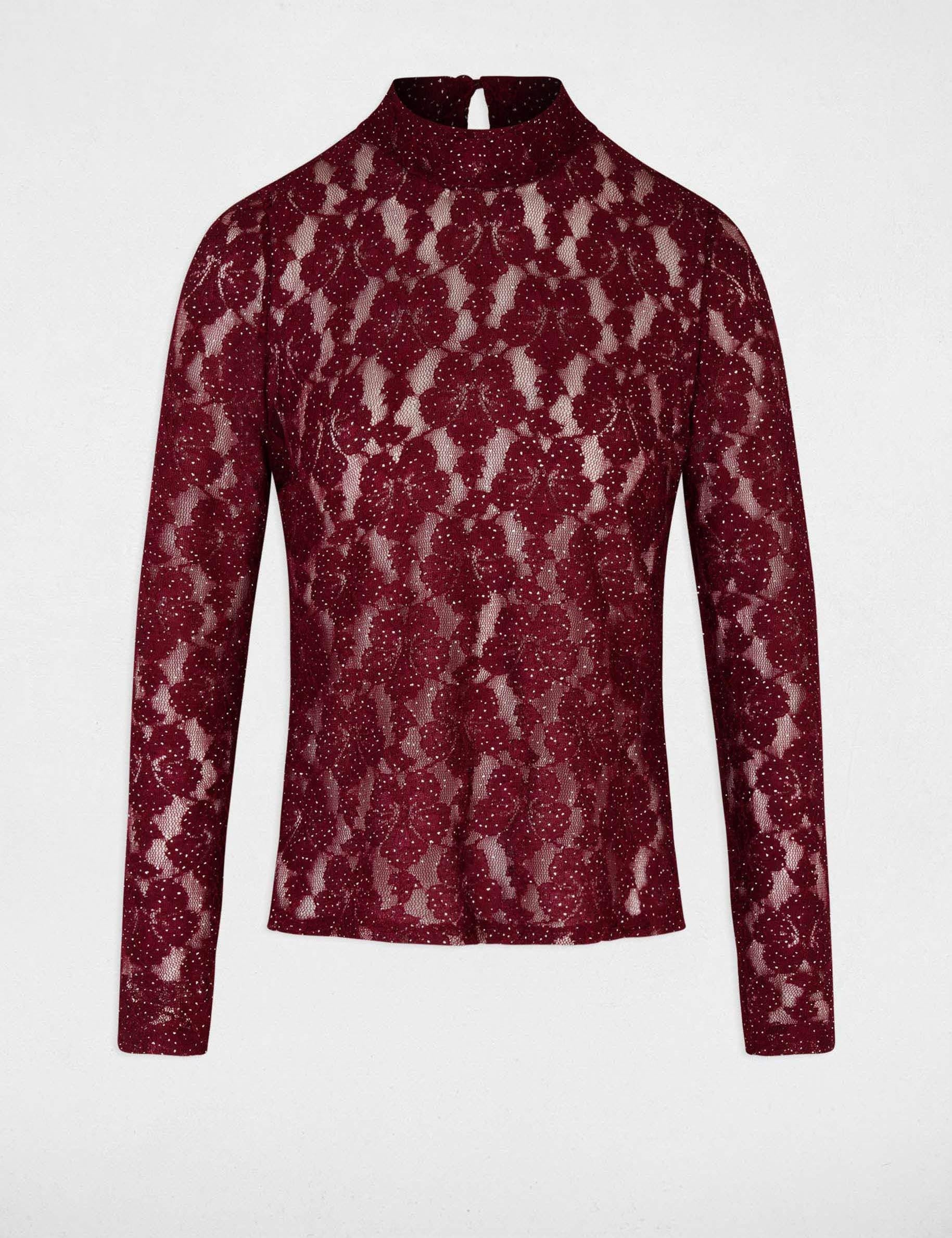 T-shirt dentelle ajour&eacute; prune femme