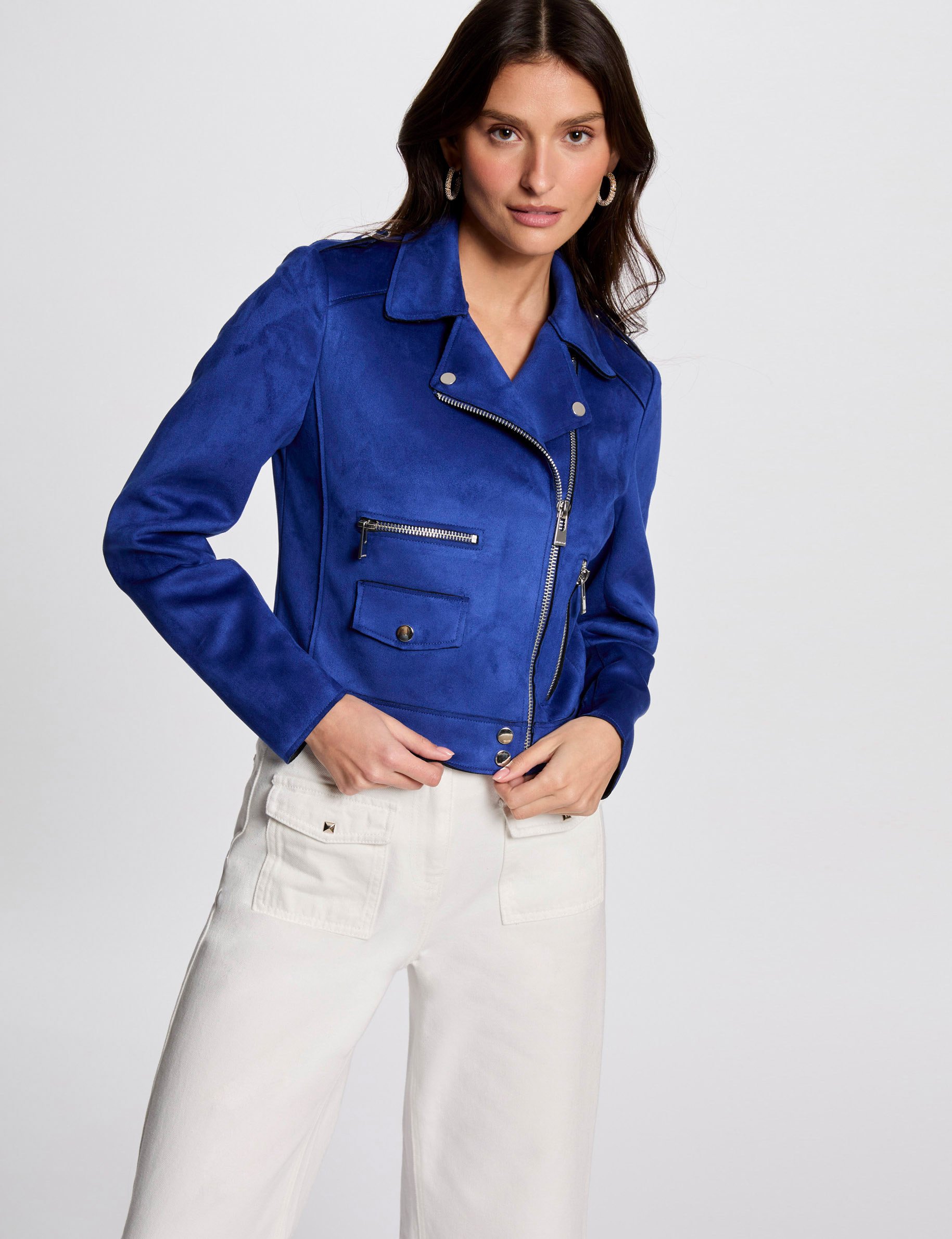 blouson court zippe suedine bleu electrique femme Blouson court zippé suédine bleu electrique femme