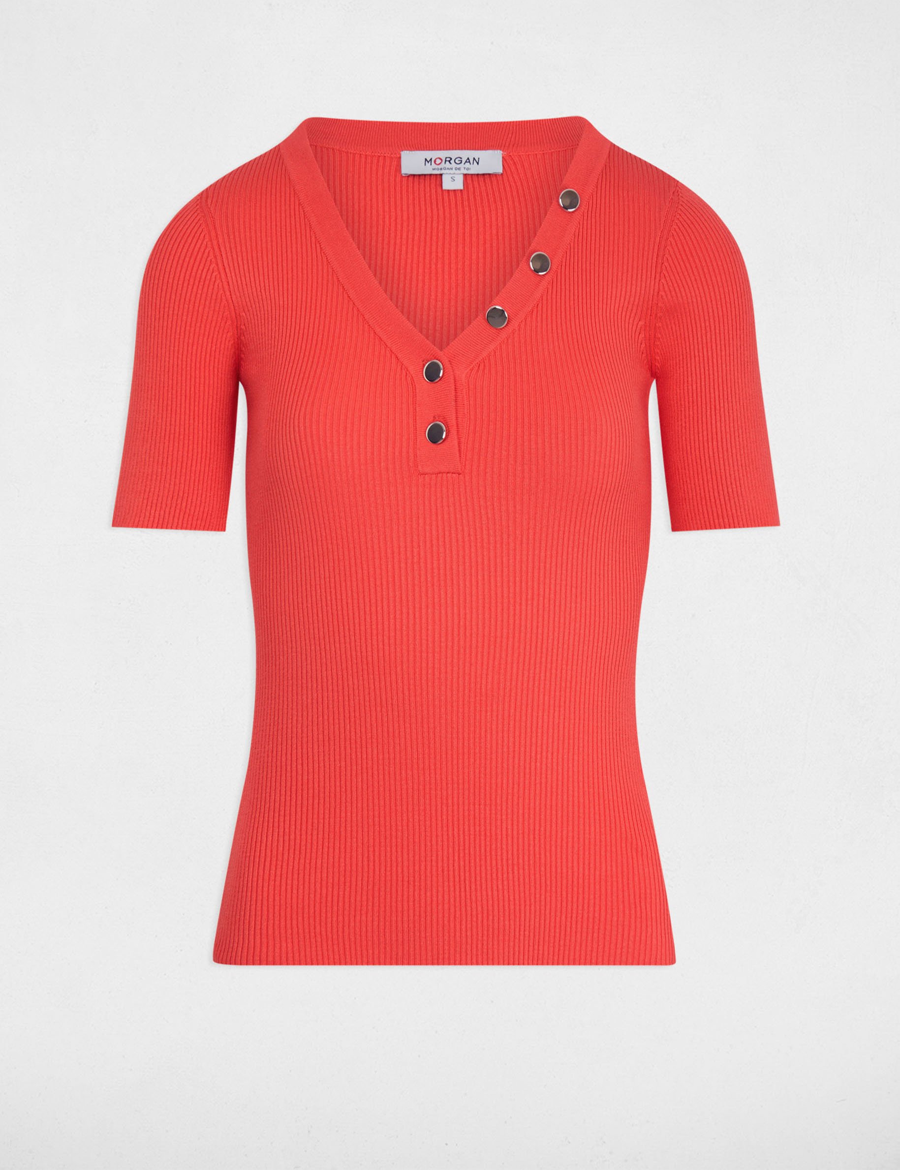 Pull col en V manches courtes orange fonc&eacute; femme
