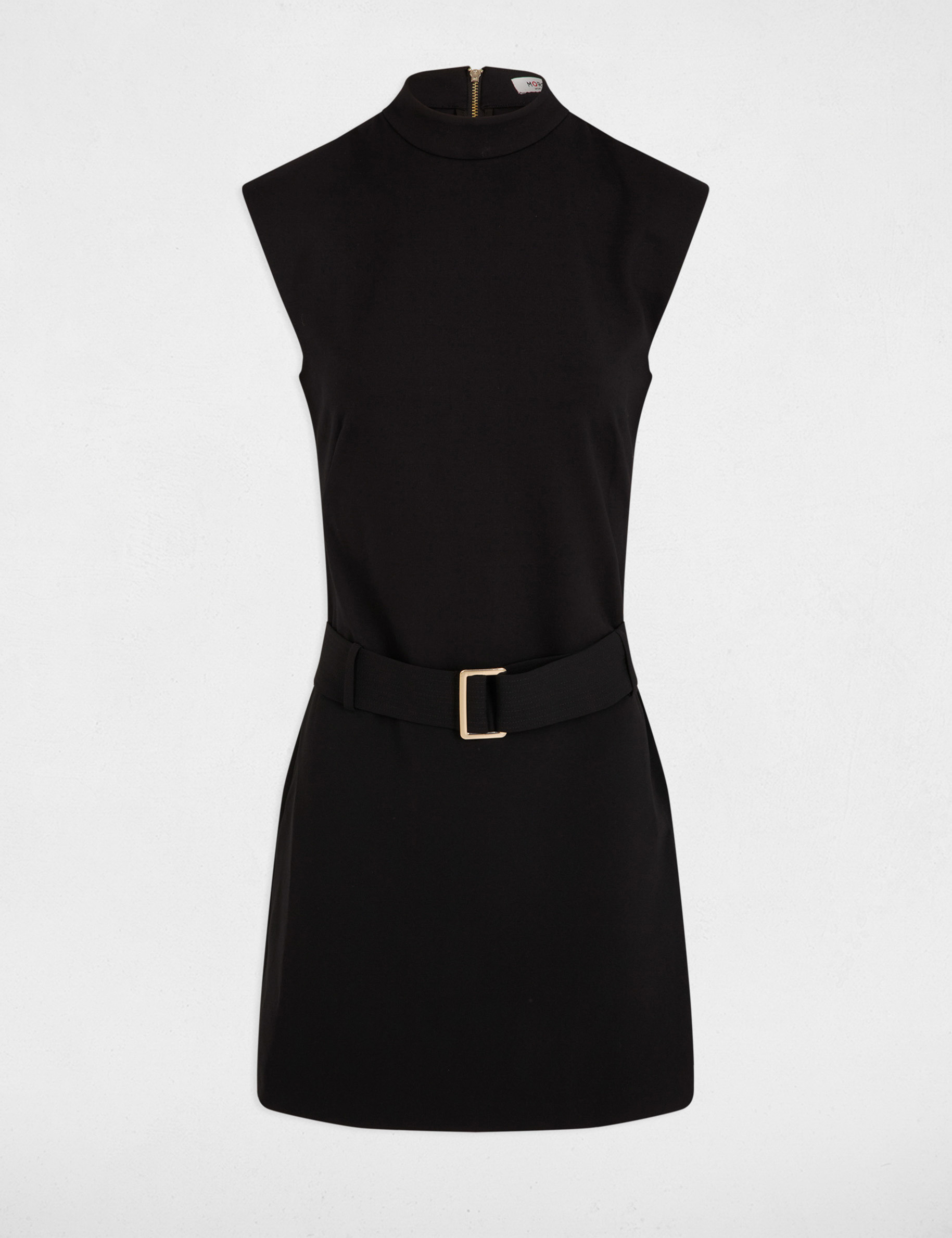 Robe courte droite ceinturée noir femme