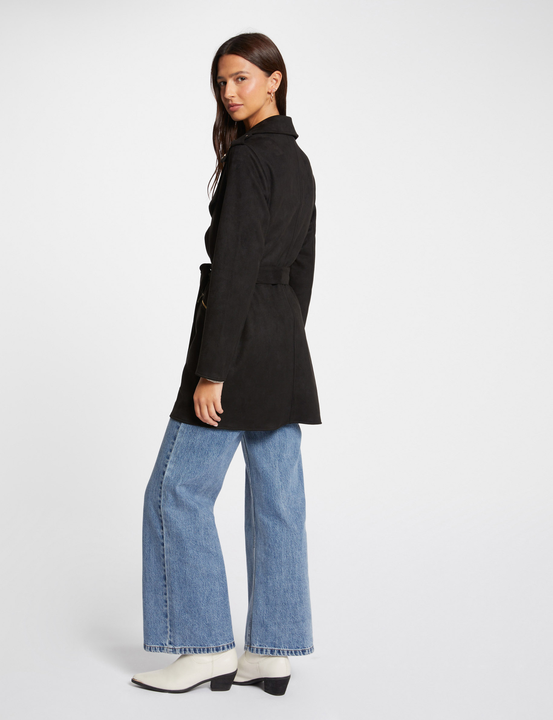 suede lange jas met riem zwart vrouw Suède lange jas met riem zwart vrouw