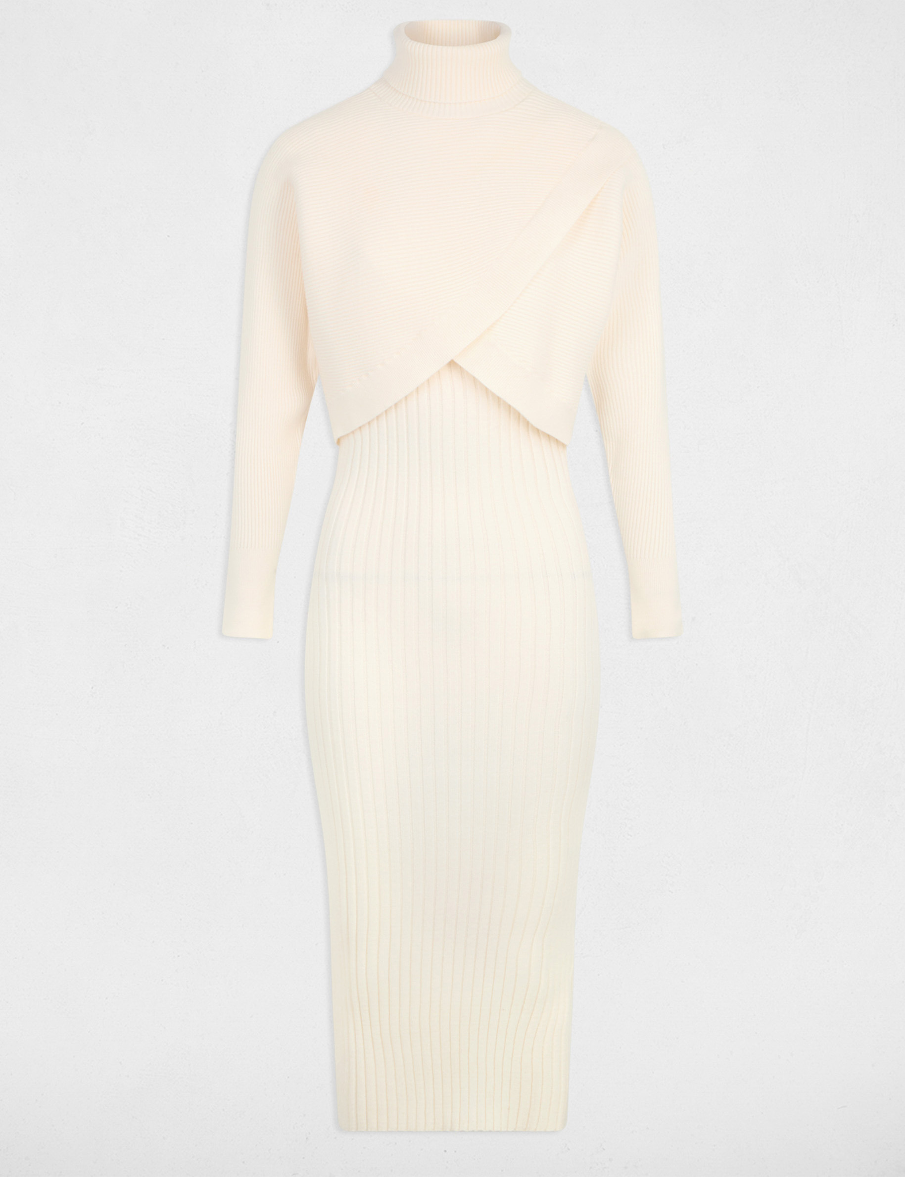 Robe tricot col roul&eacute; ivoire femme