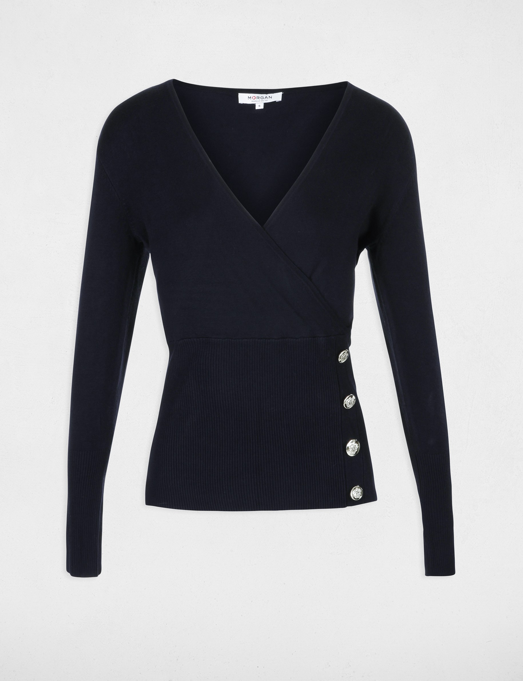 Trui met lange mouwen en gekruiste kraag marineblauw vrouw