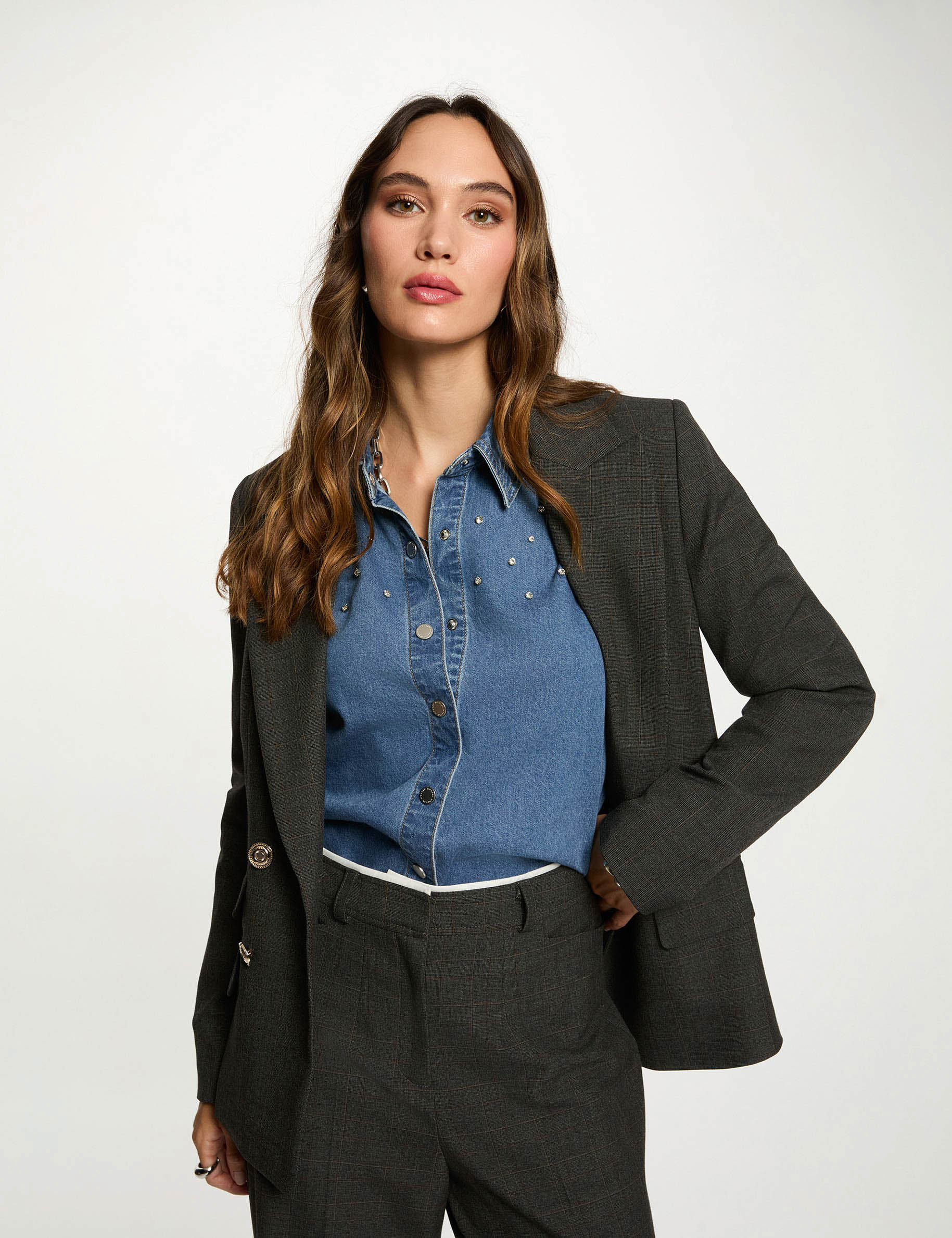 Blazer droit &agrave; carreaux gris moyen femme