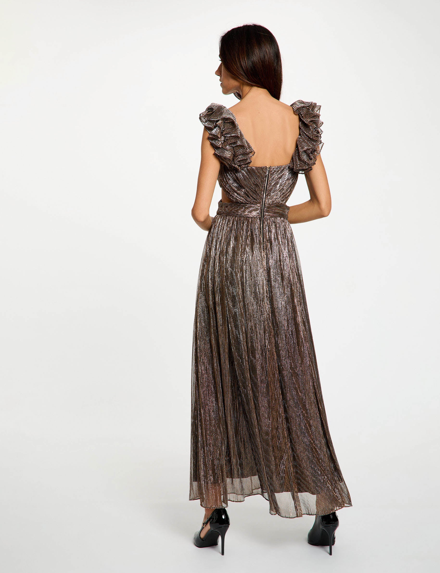 Robe longue col v couleur bronze femme