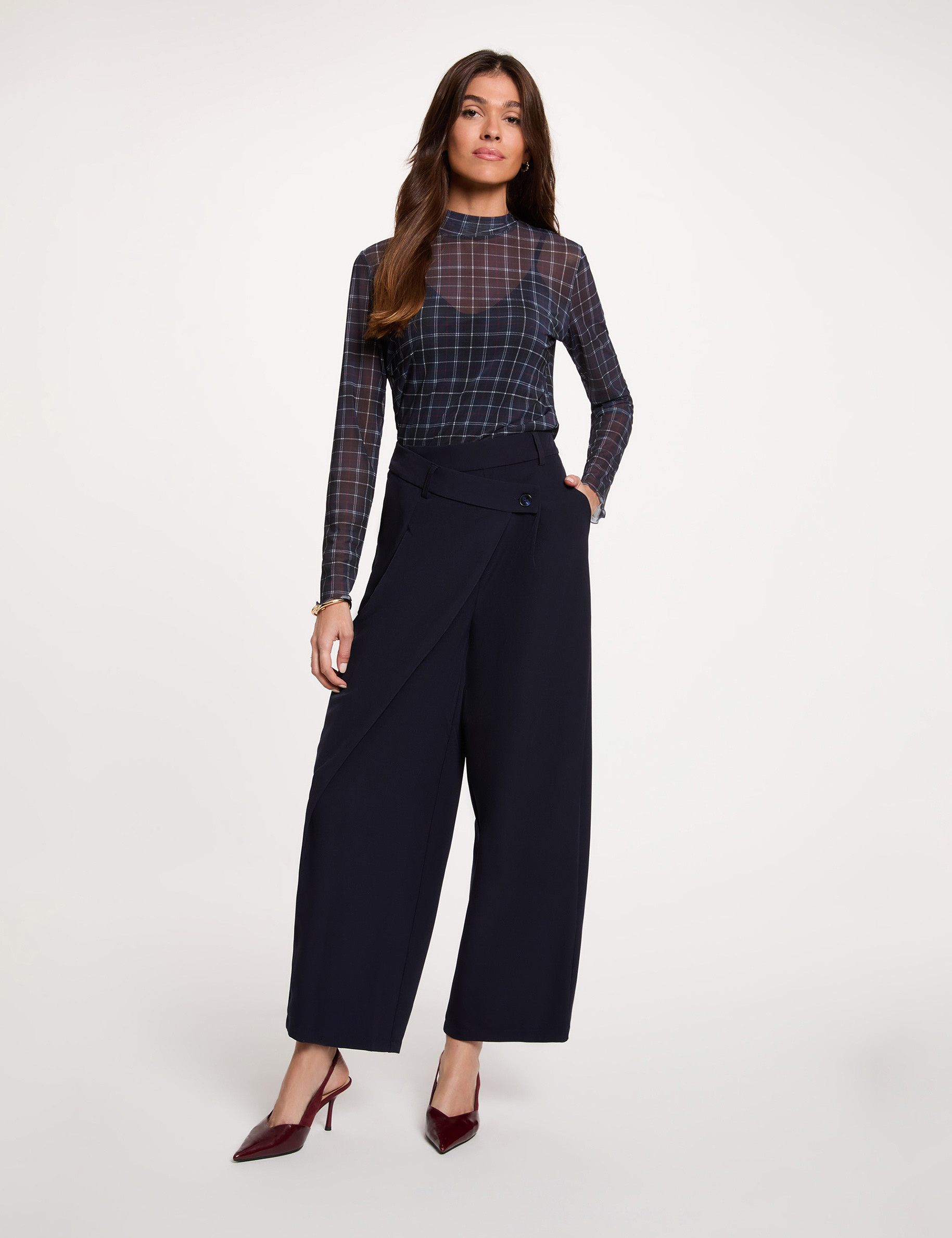 Hoge taille brede broek marineblauw vrouw