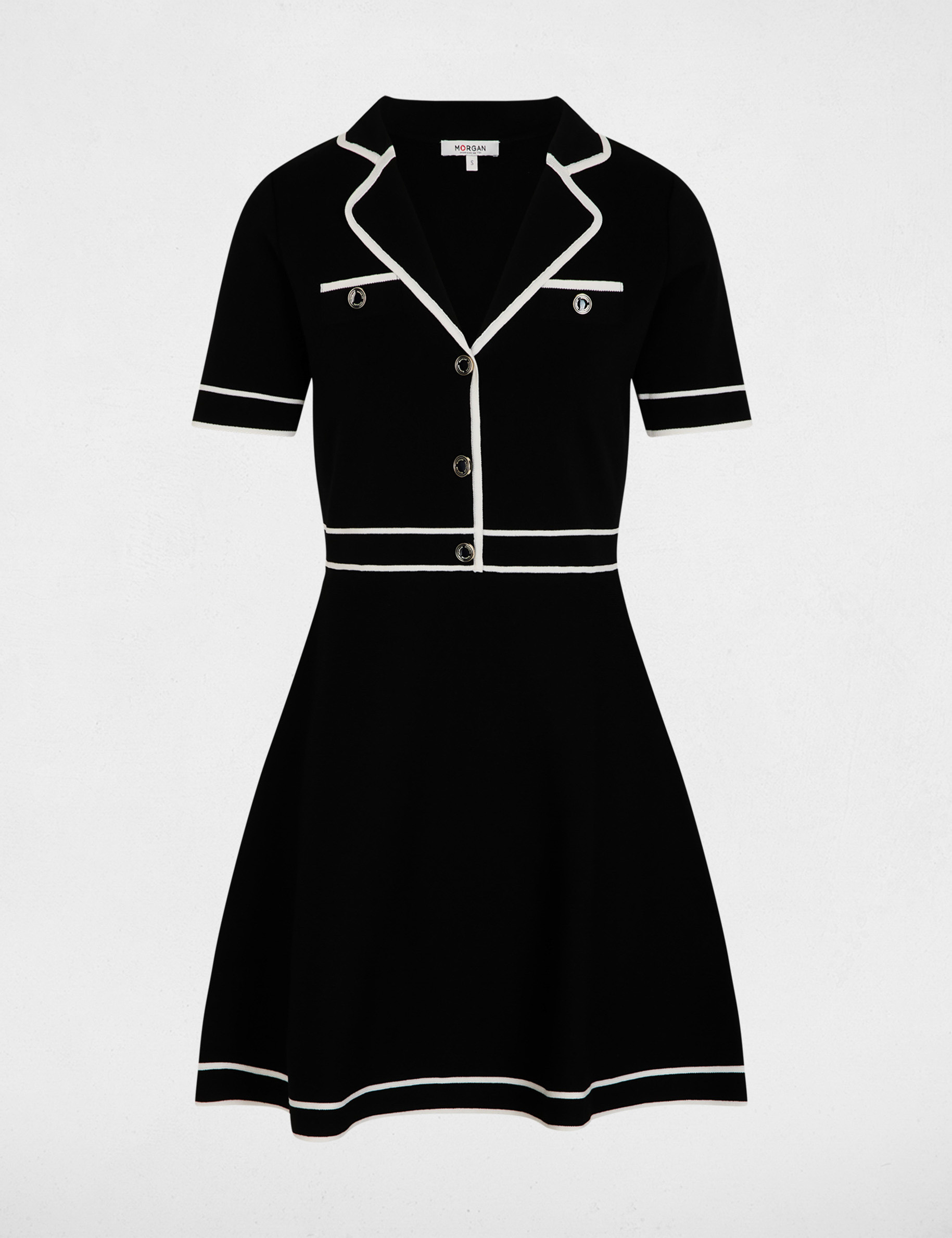 Robe tricot courte col &agrave; revers noir femme