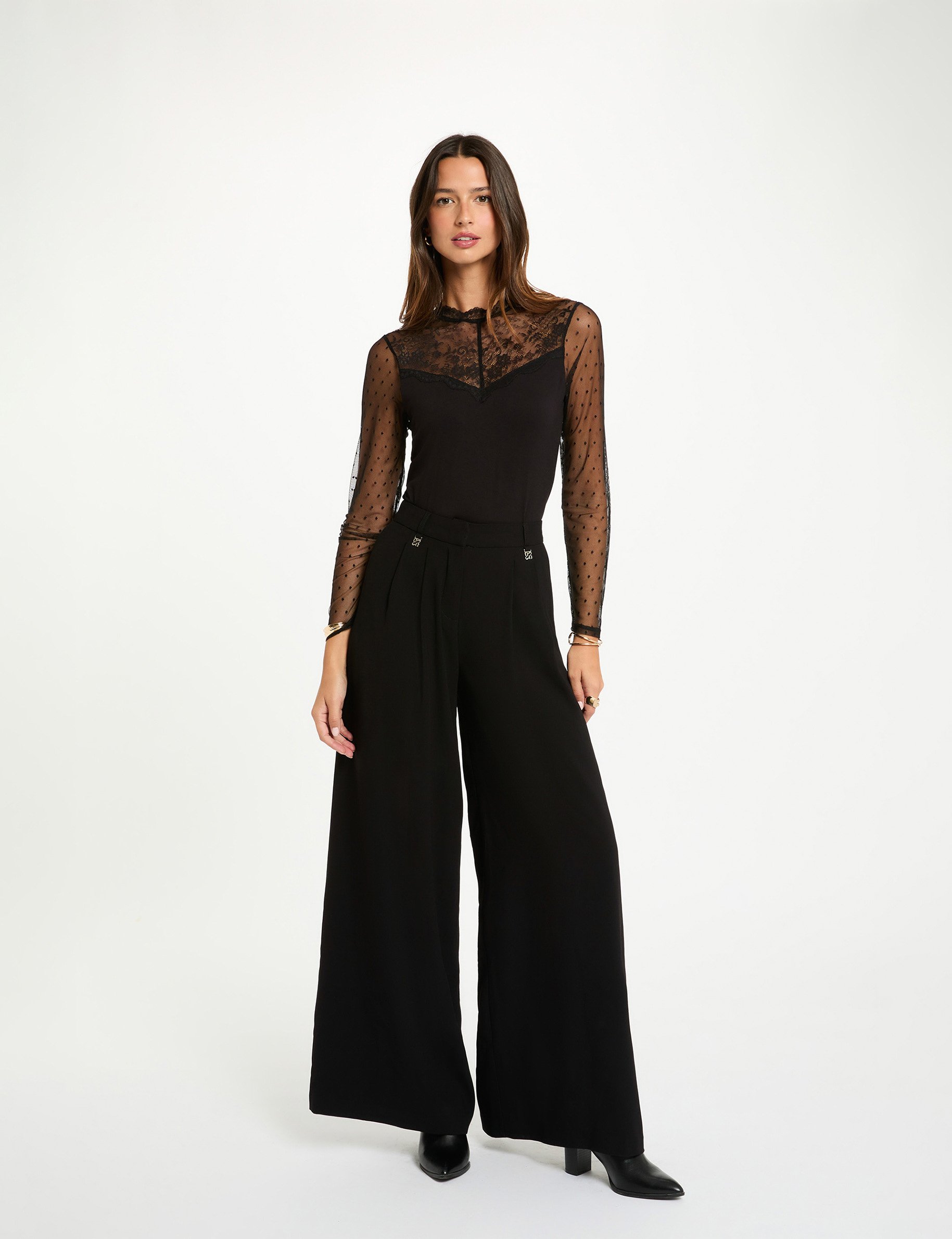 T-shirt dentelle col rond noir femme