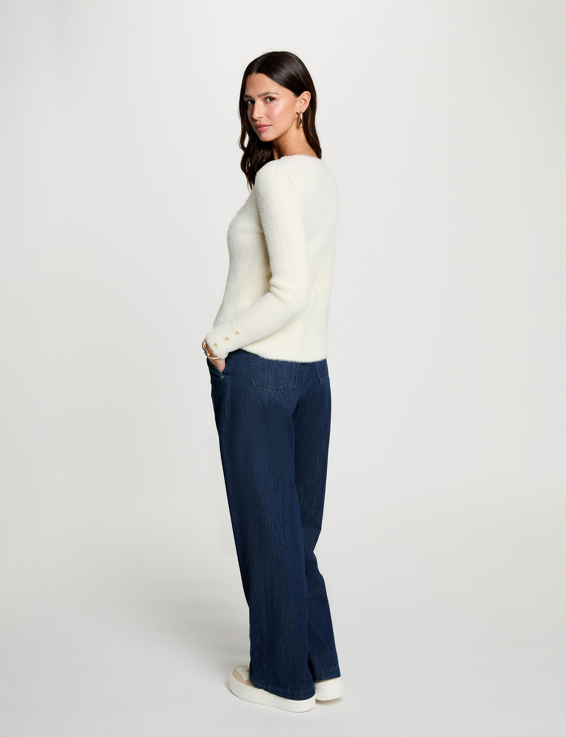 Pull col v manches longues ivoire femme