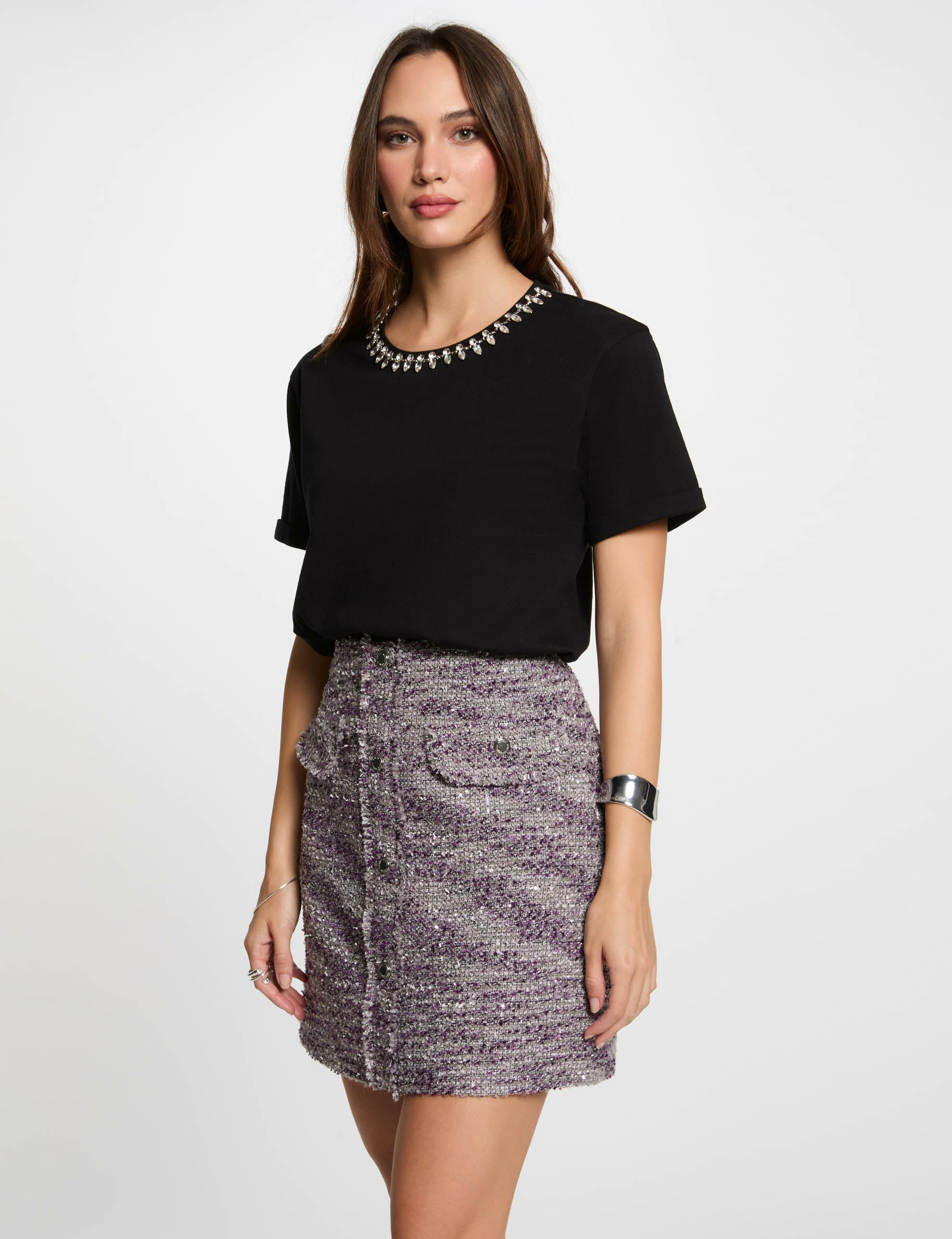 T-shirt manches courtes bijoux noir femme