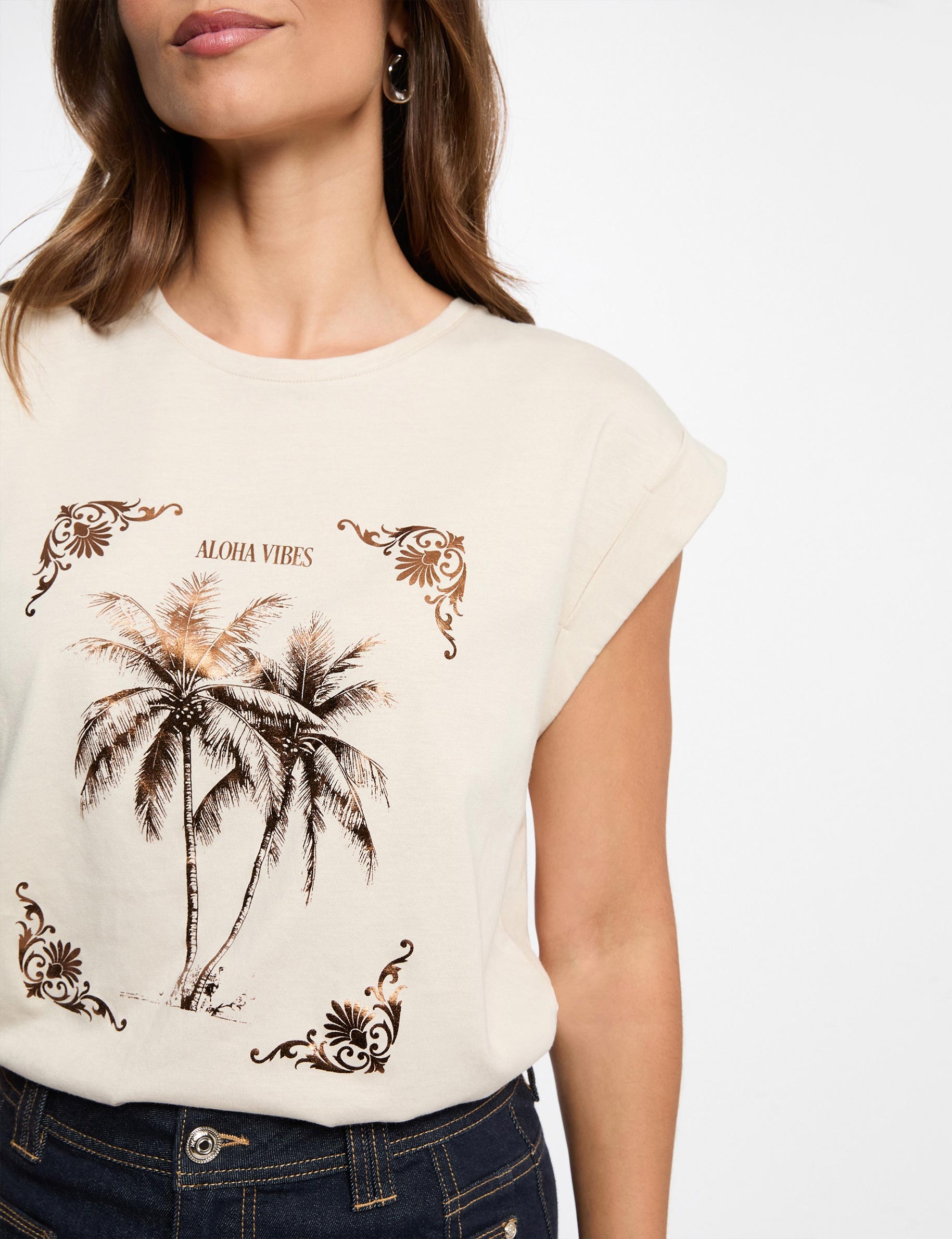 T-shirt imprim&eacute; col rond beige clair femme