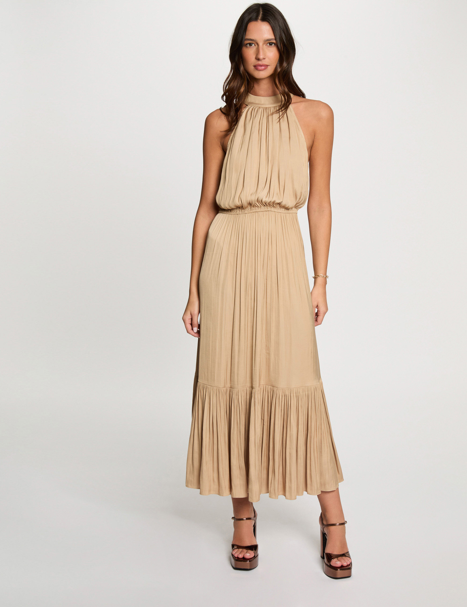 Lange jurk met opstaande kraag beige vrouw