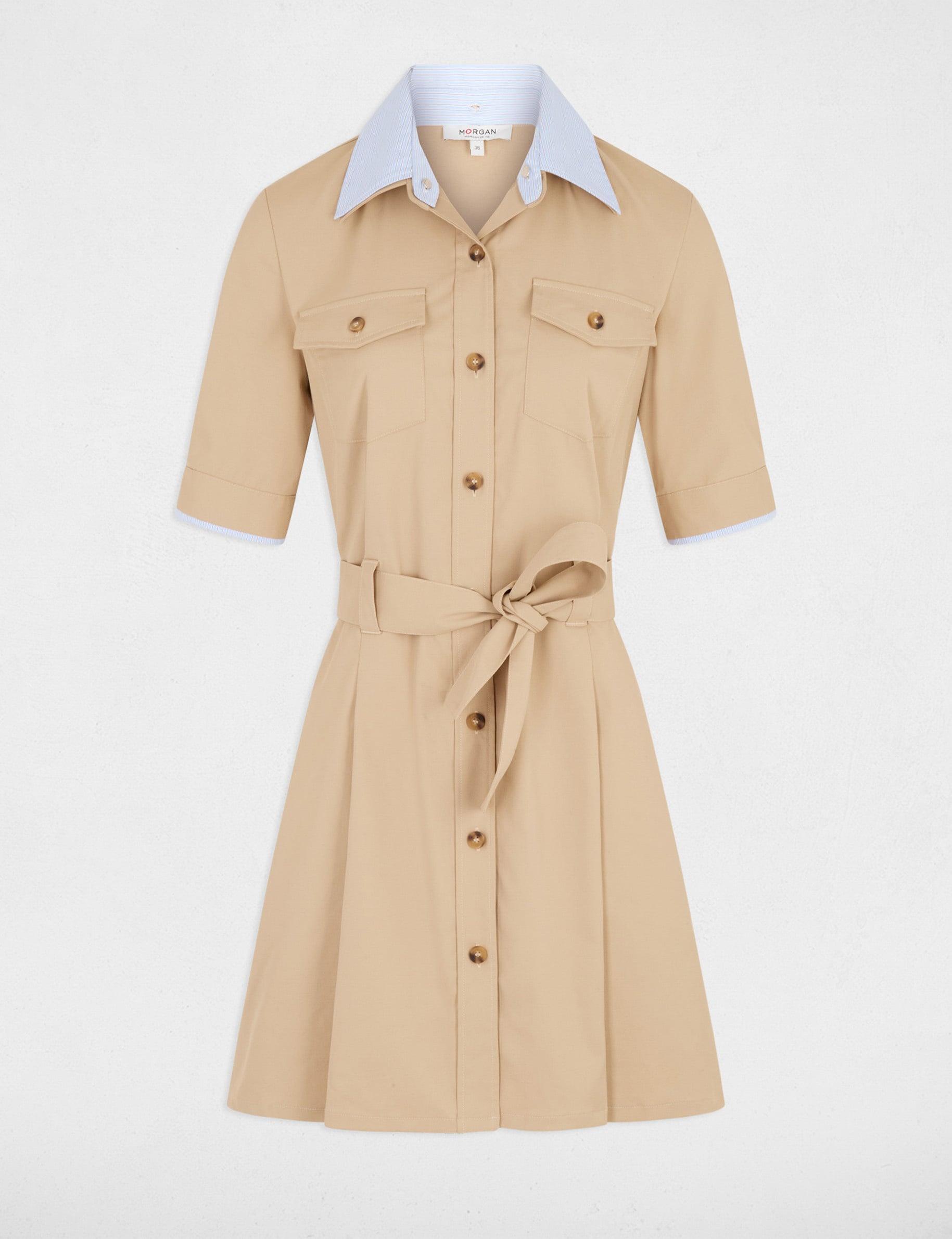 Robe courte col &agrave; revers beige femme