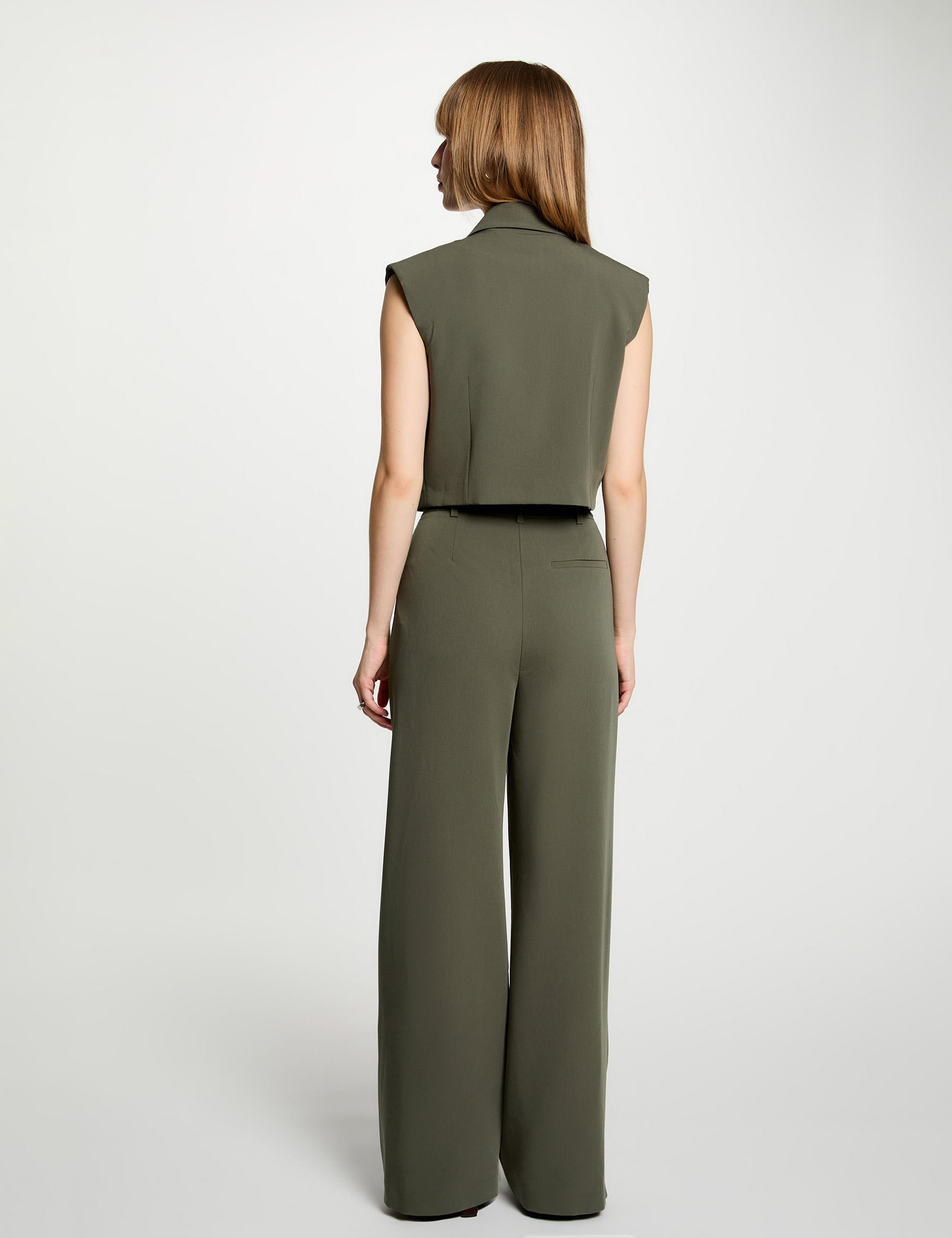 Pantalon large taille haute vert kaki femme