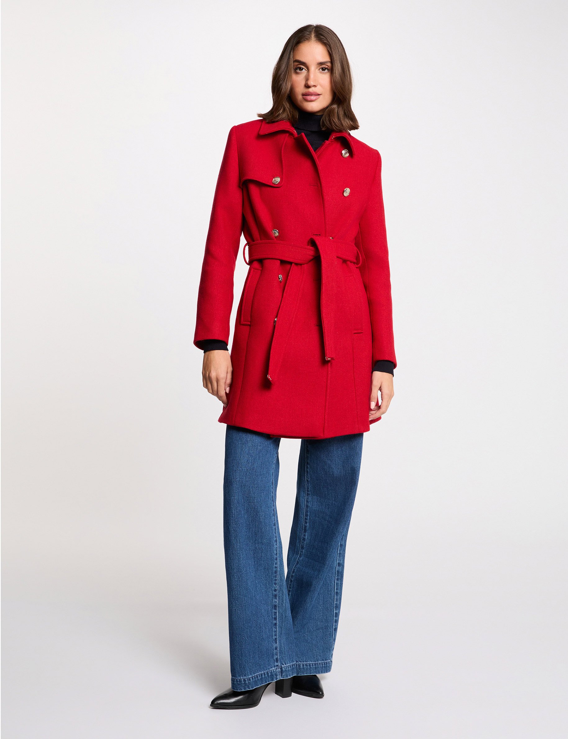 lange mantel met ceintuur rood vrouw Lange mantel met ceintuur rood vrouw