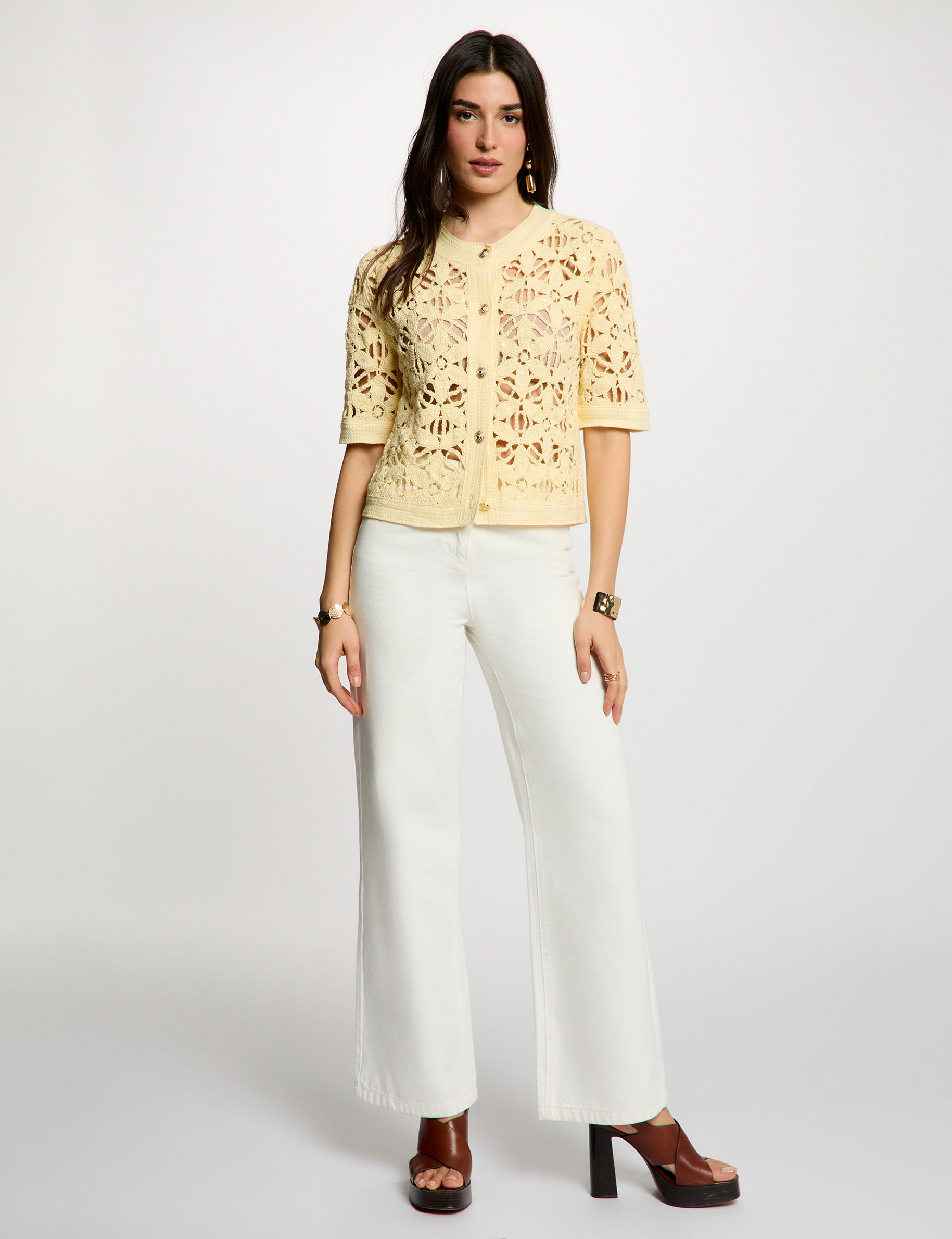 Opengewerkt vest met ronde hals pastel geel vrouw