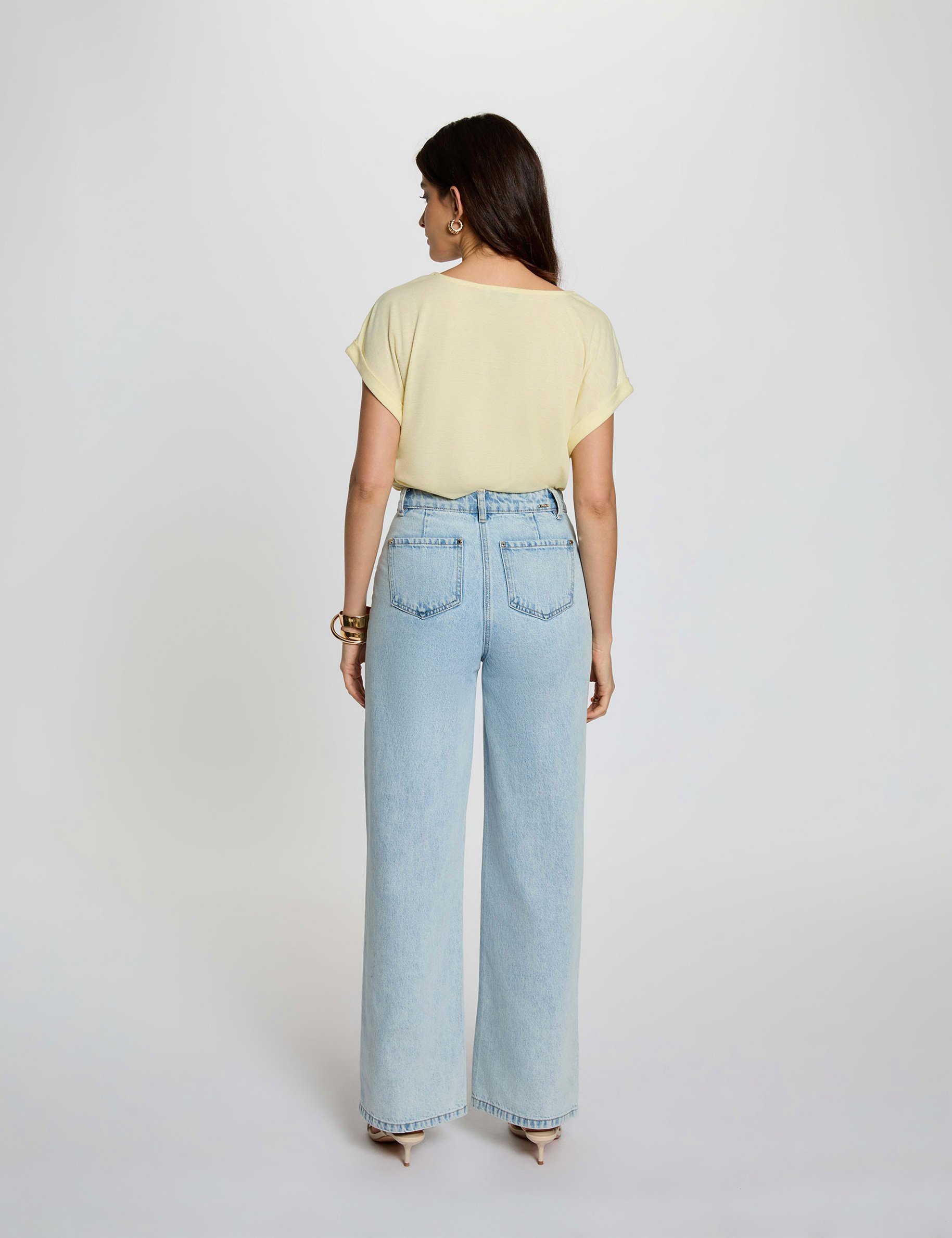 V-hals T-shirt met korte mouwen pastel geel vrouw