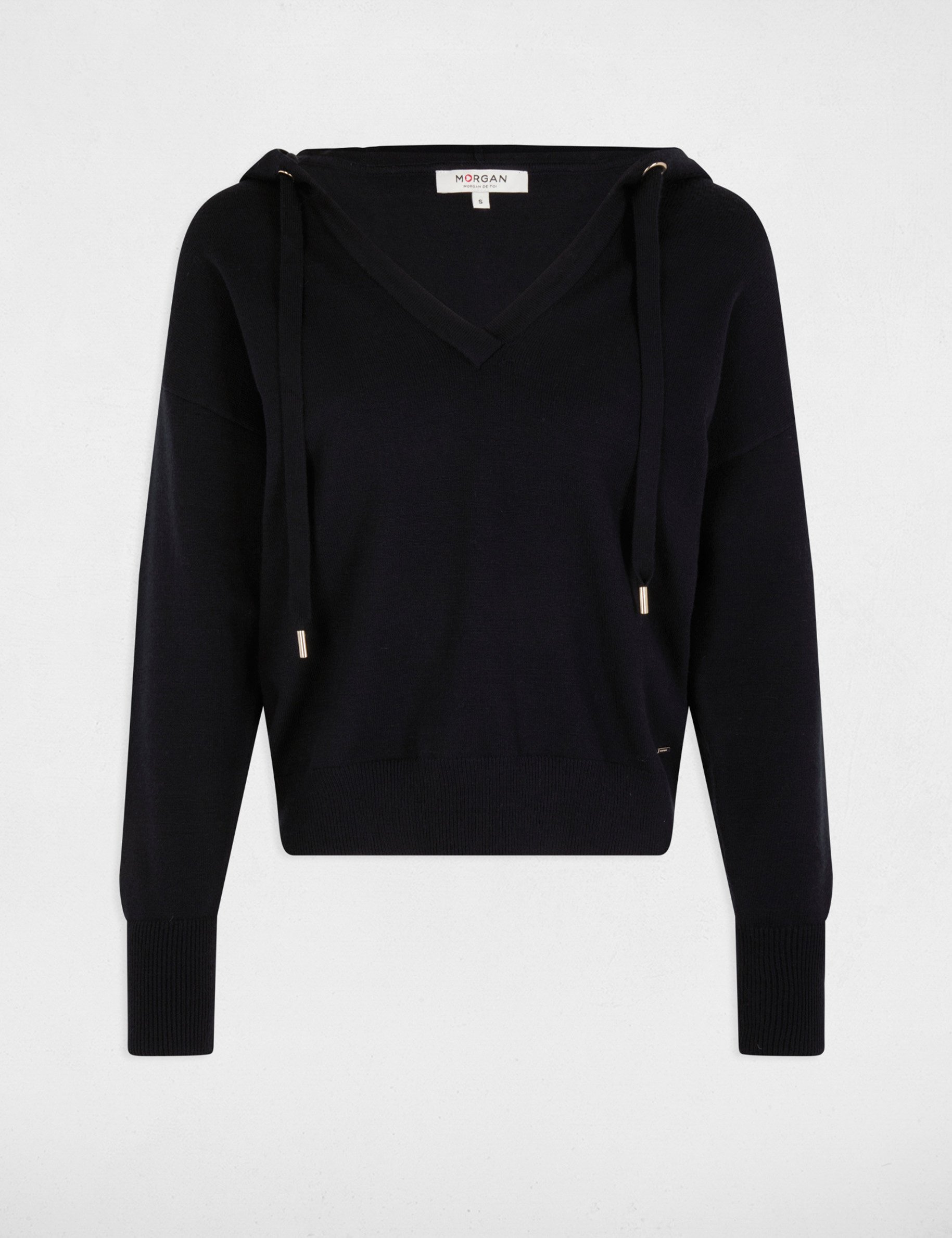 Pull col en V à capuche bleu marine femme