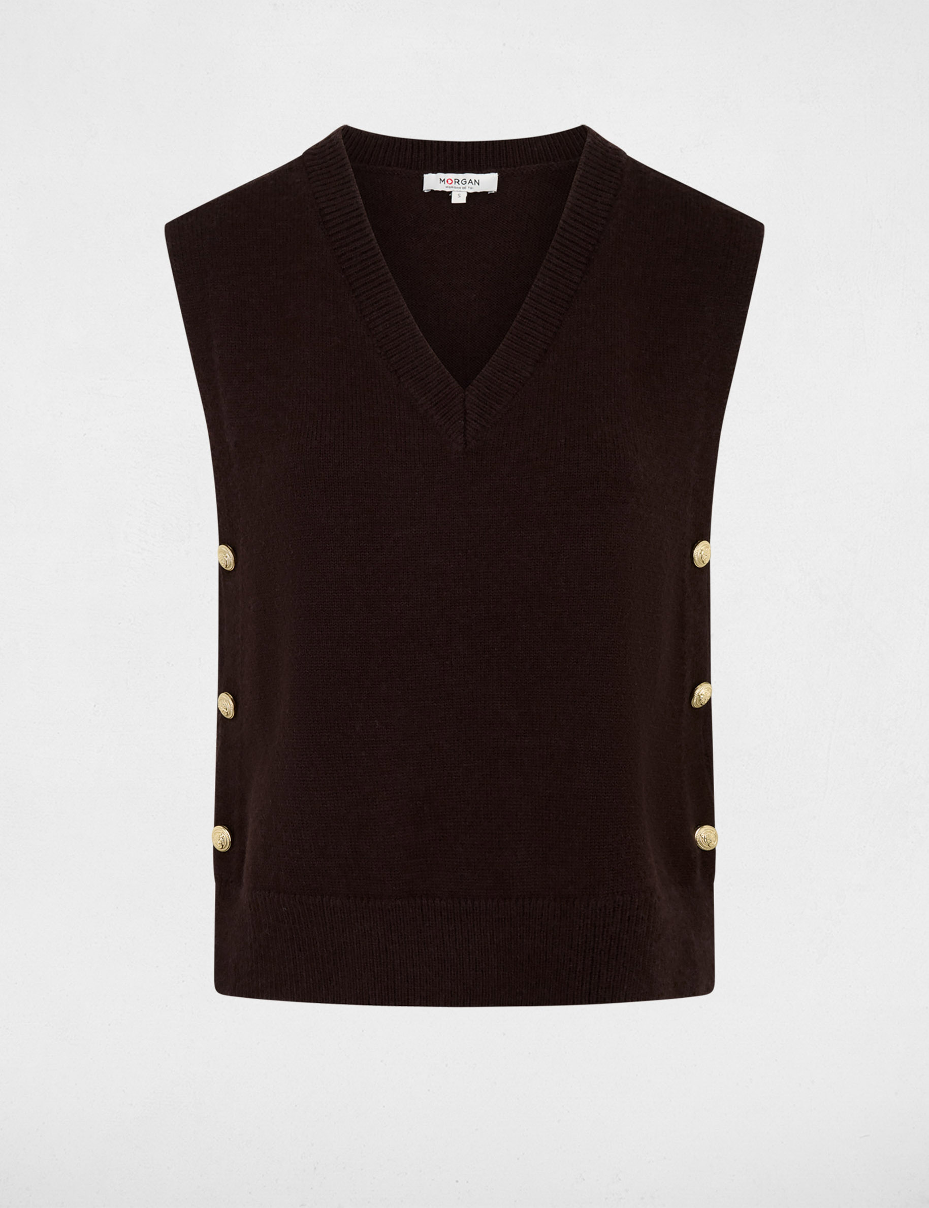 Pull sans manches col v marron fonc&eacute; femme