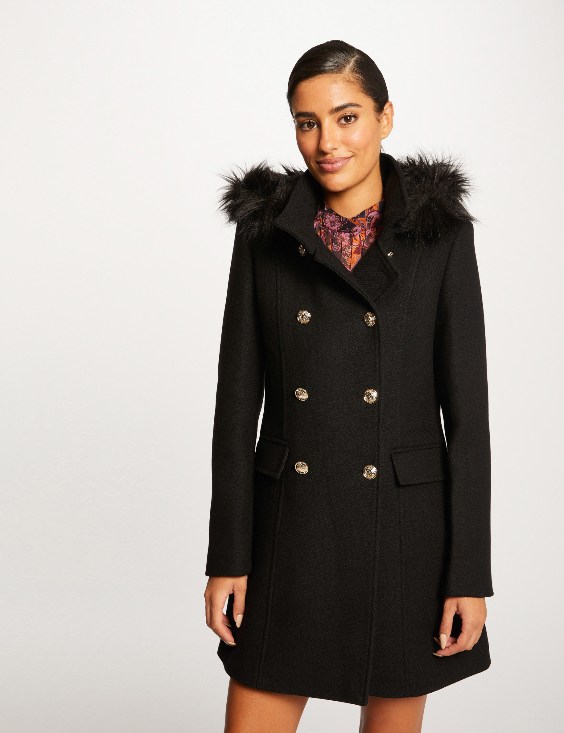 Manteau ample boutonné à capuche noir femme