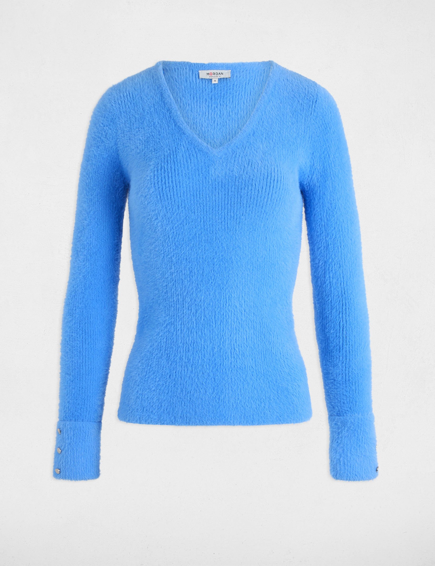 Pull manches longues maille duveteuse bleu femme