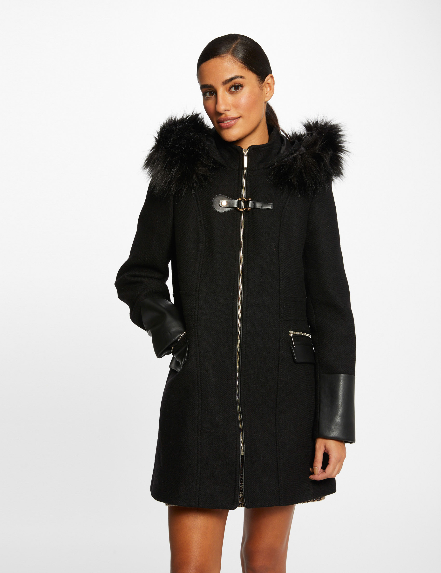 Manteau droit zippé à capuche noir femme