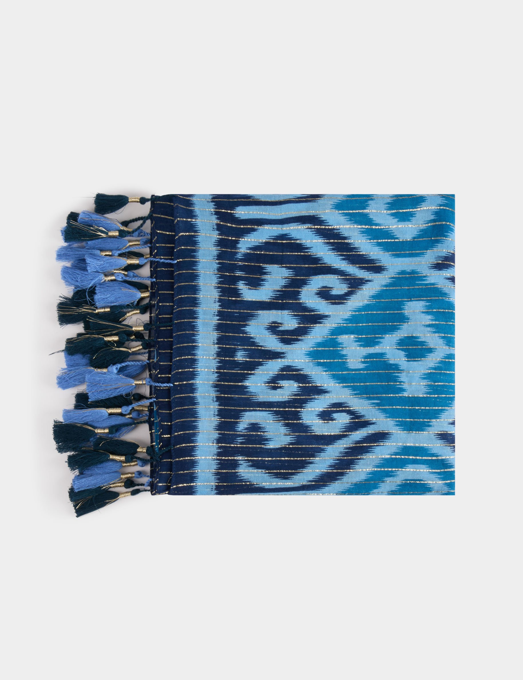 foulard imprime a pompons bleu femme Foulard imprimé à pompons bleu femme