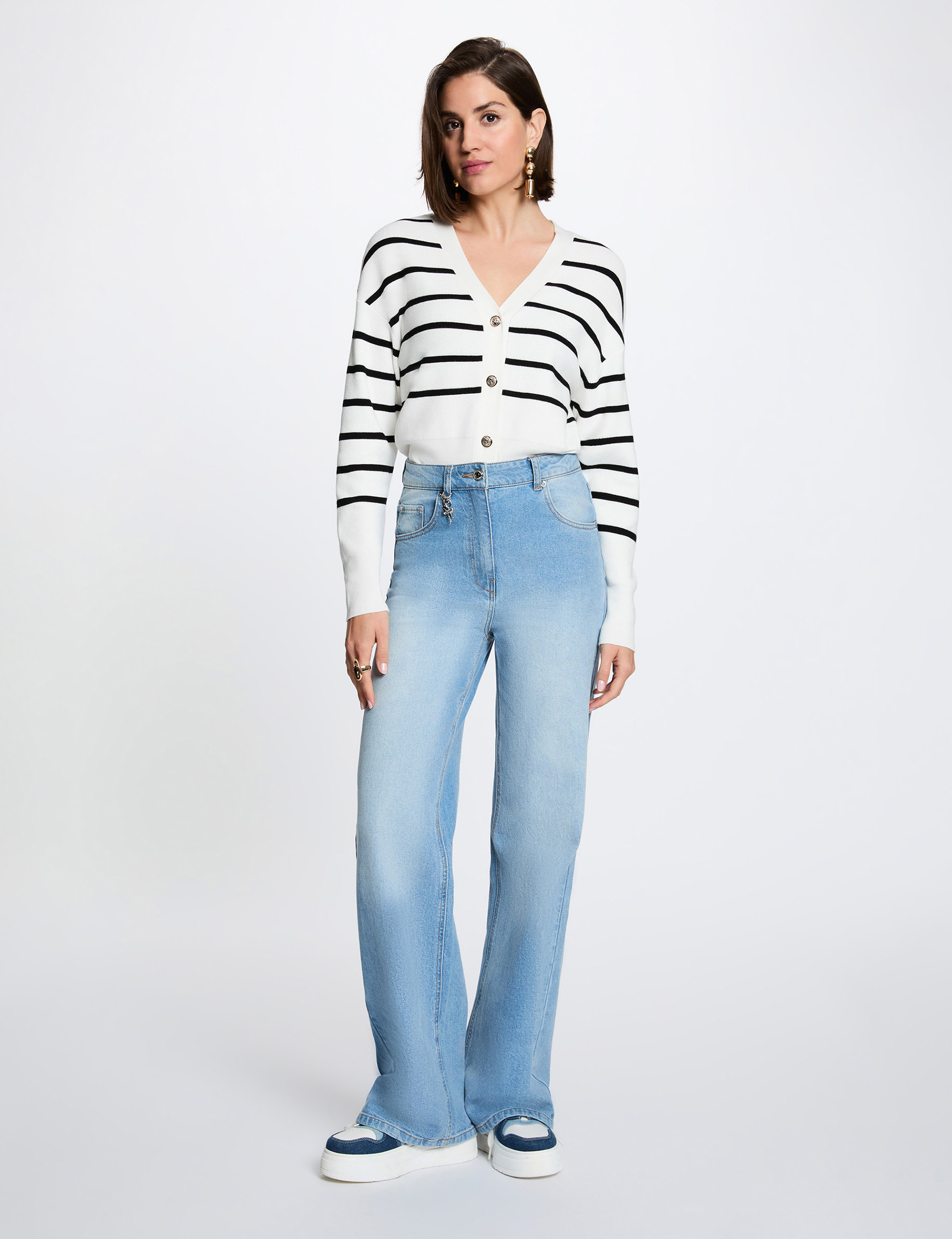 Pull ray&eacute; col v blanc femme
