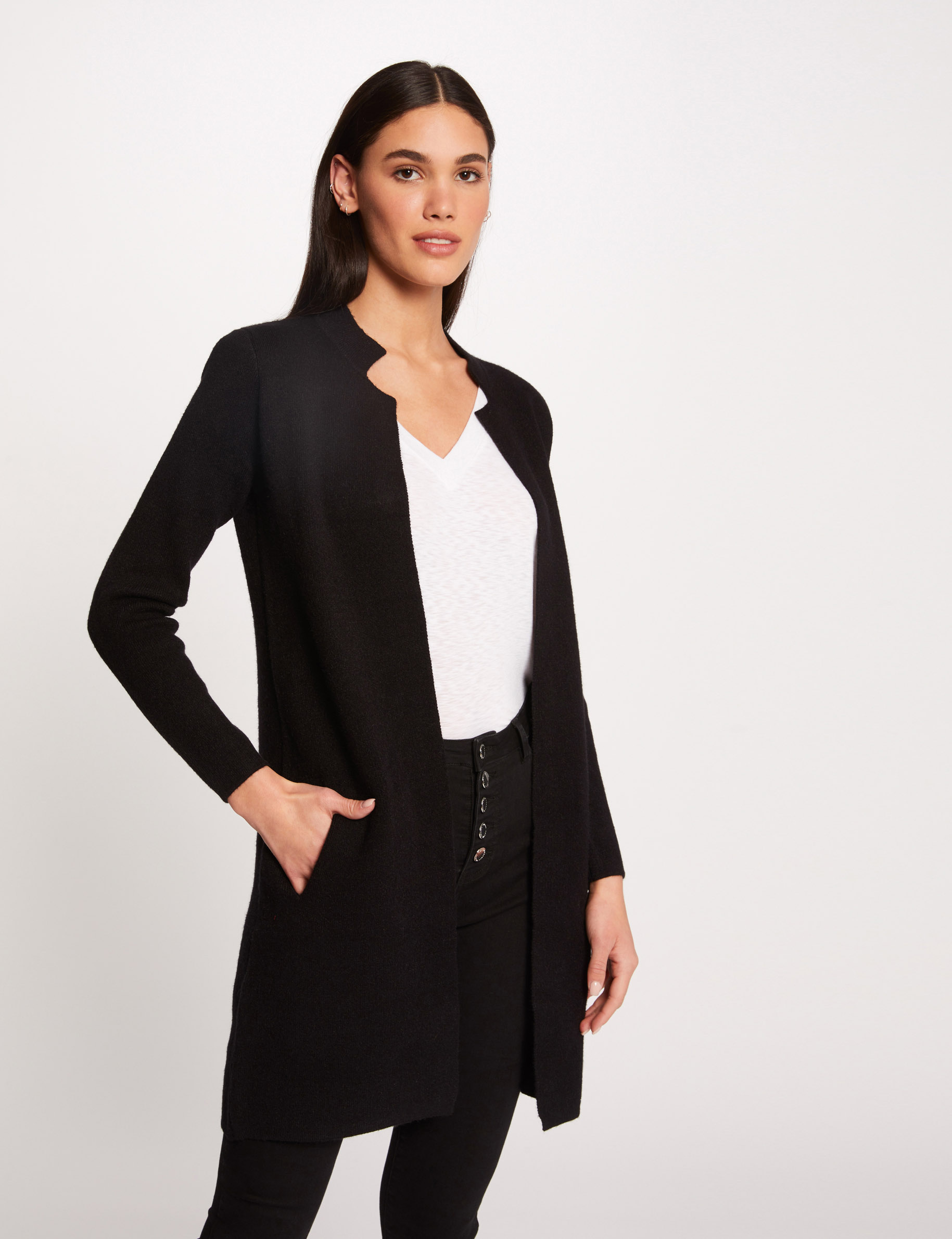 Gilet droit &agrave; col crant&eacute; gris fonc&eacute; femme