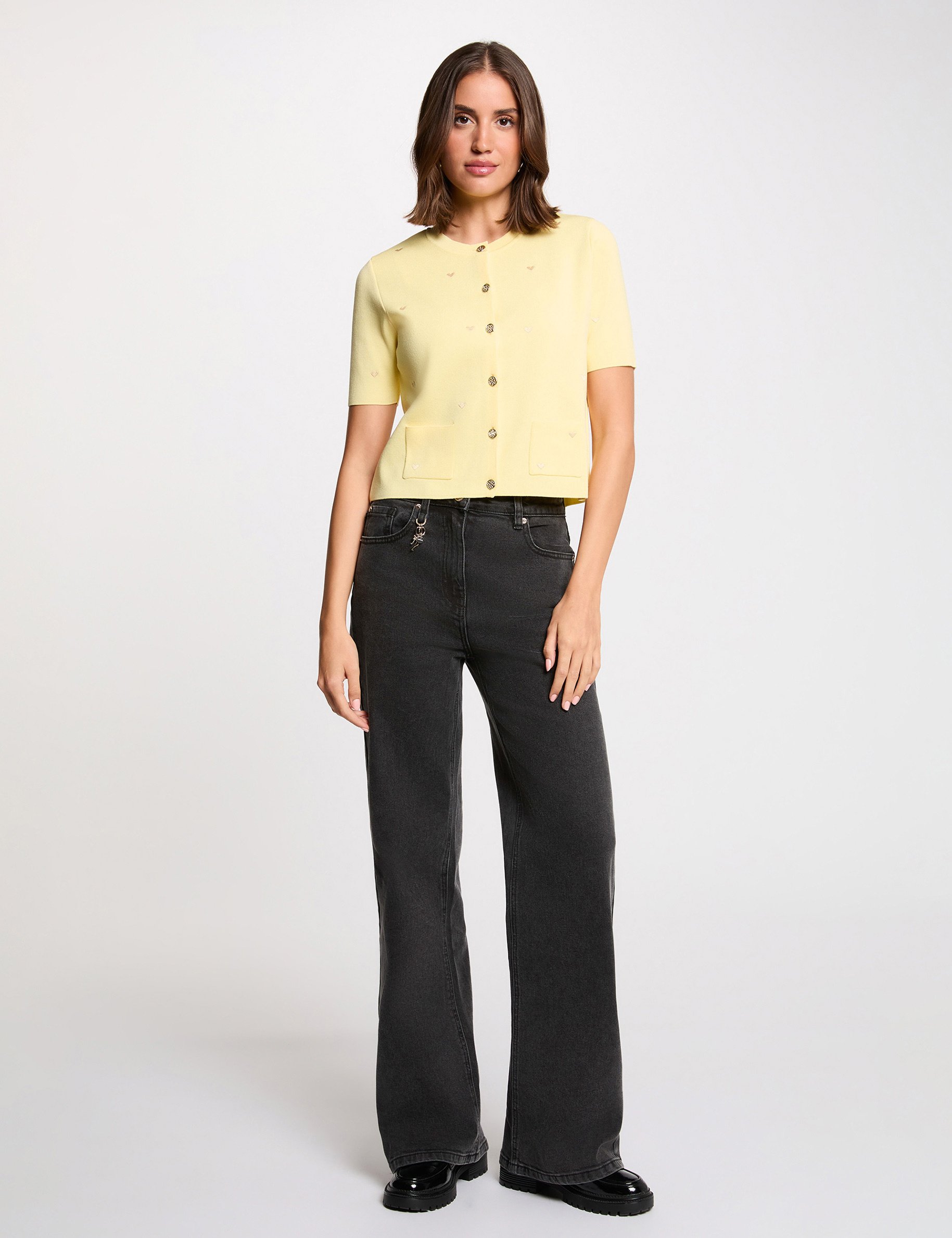 Gilet court col rond jaune pastel femme