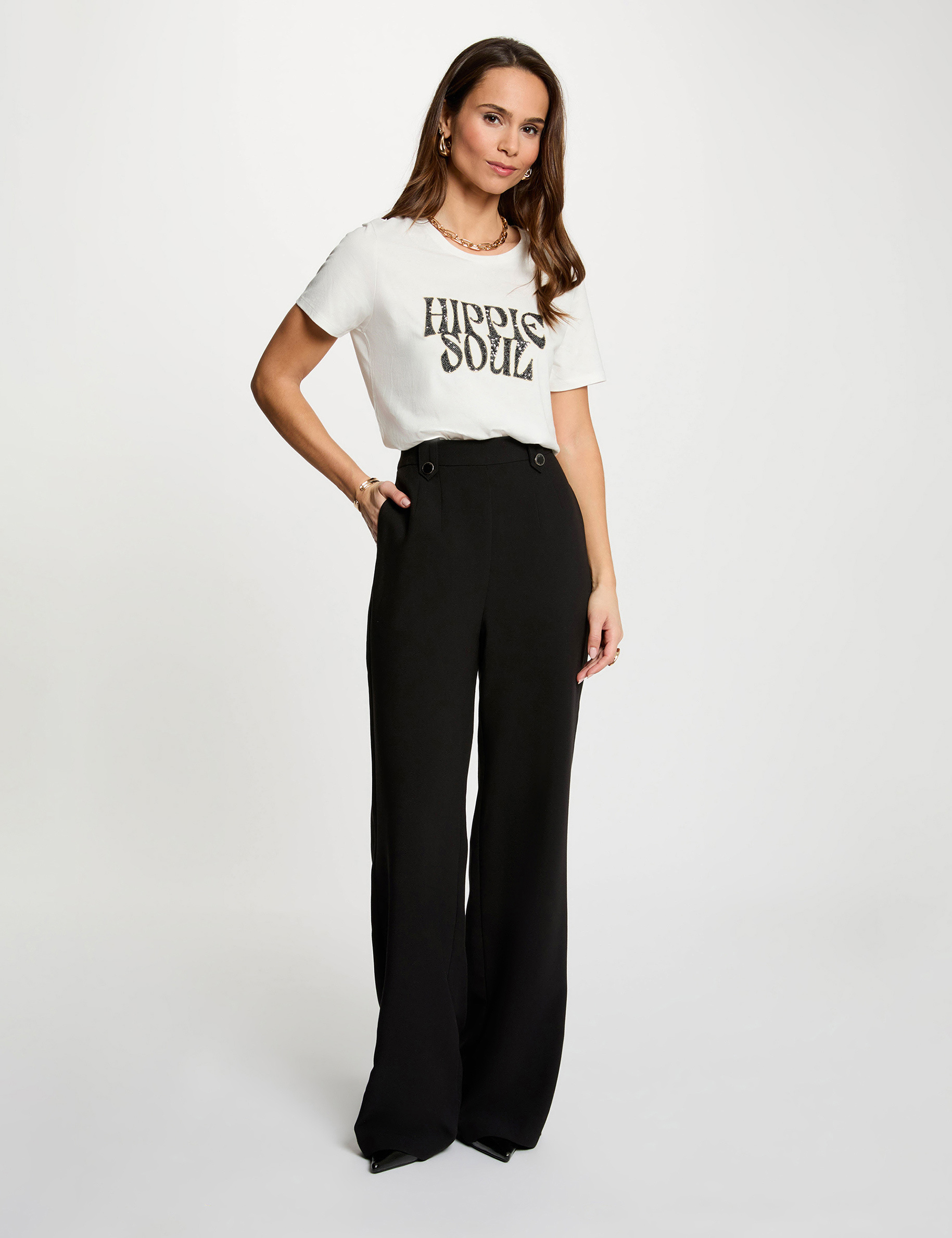 Hoge taille brede broek zwart vrouw