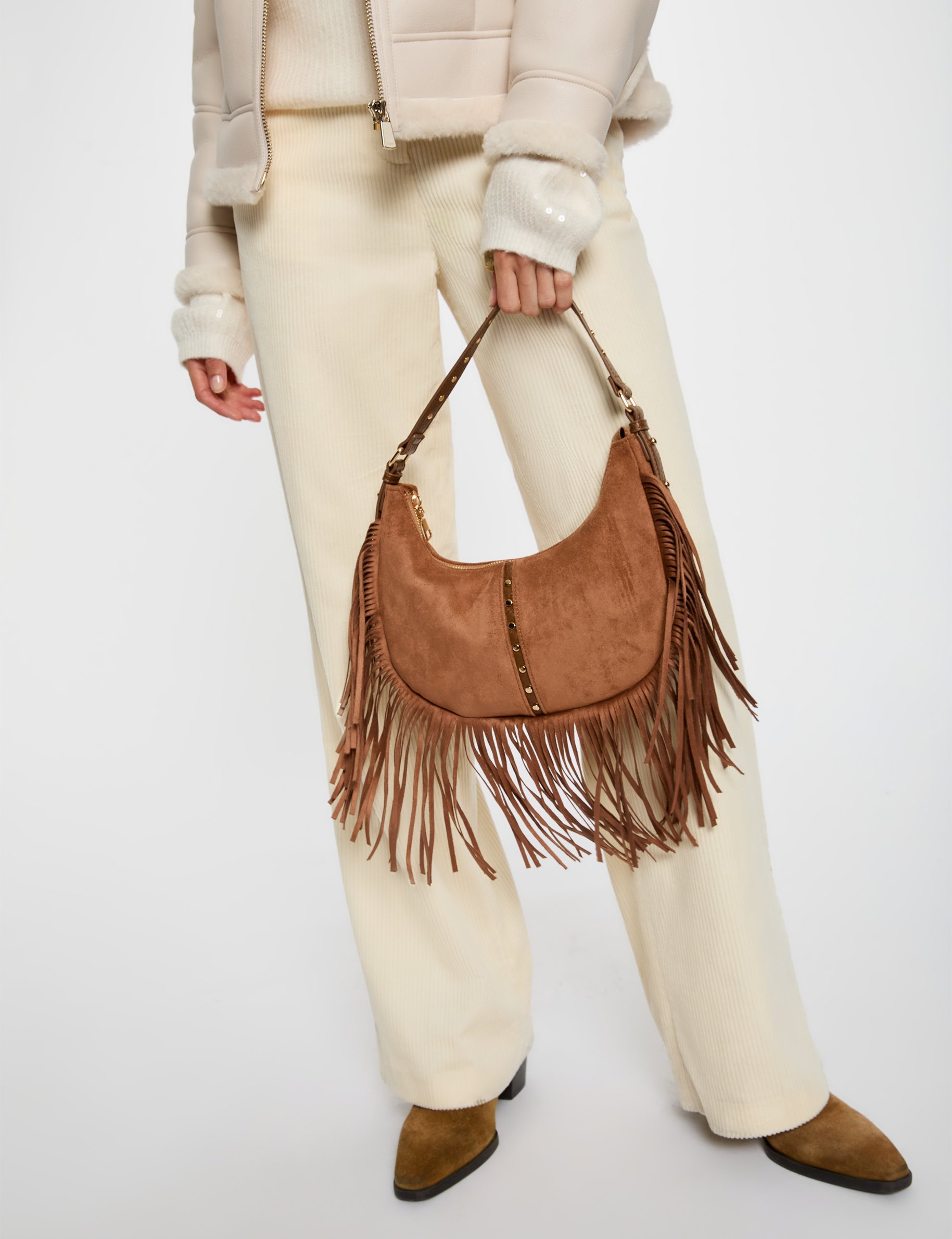 suedelook tas met franjes beige vrouw Suèdelook tas met franjes beige vrouw