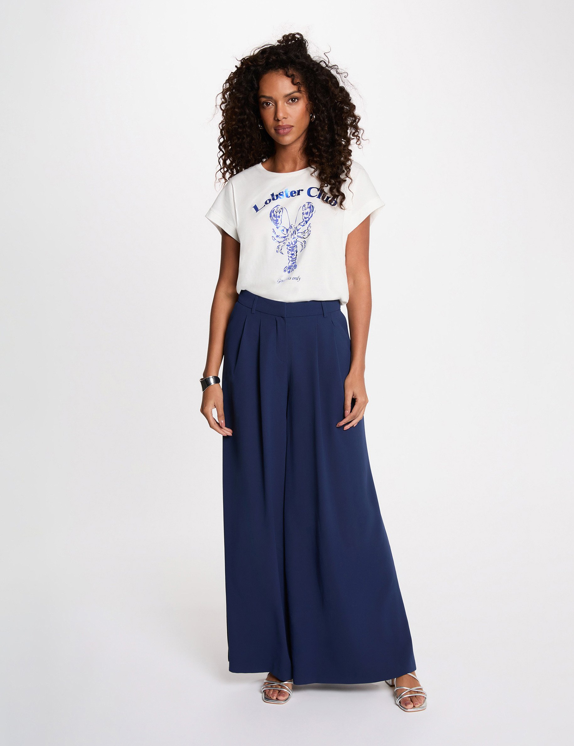 Pantalon large fluide bleu marine femme