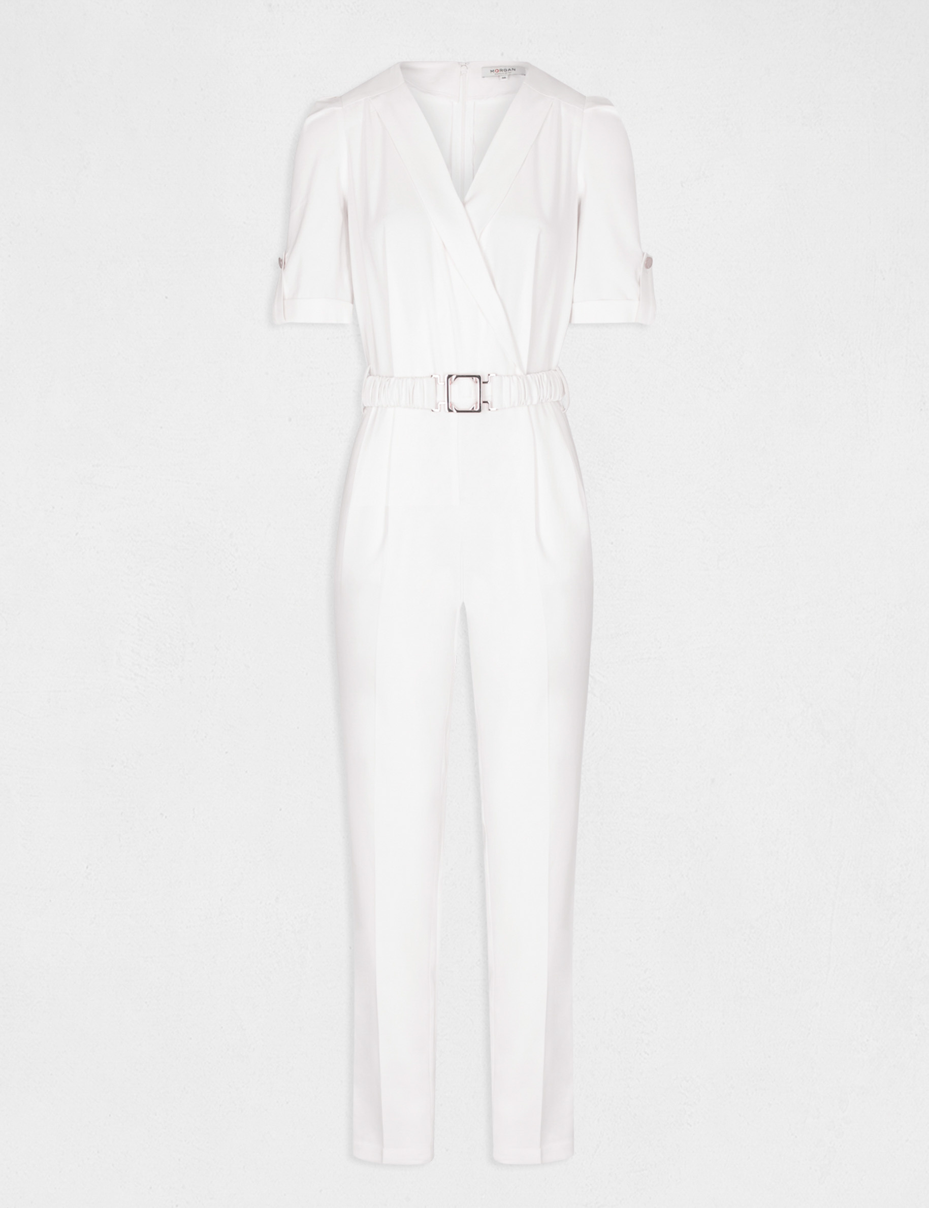 Rechte jumpsuit met riem ecru vrouw