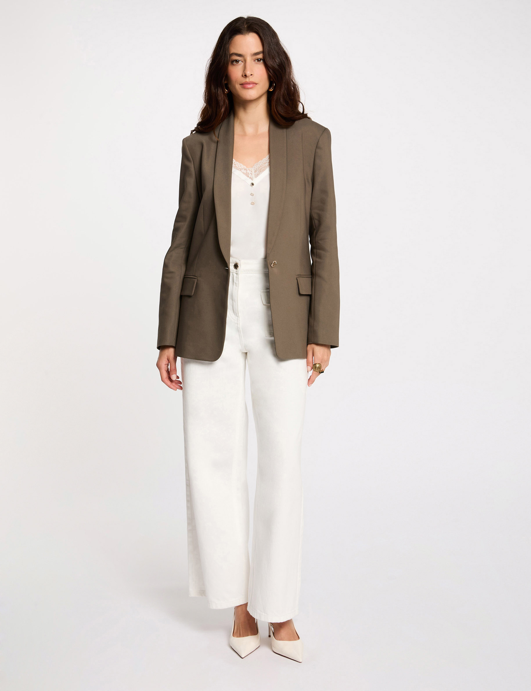 Veste courte col châle vert kaki femme