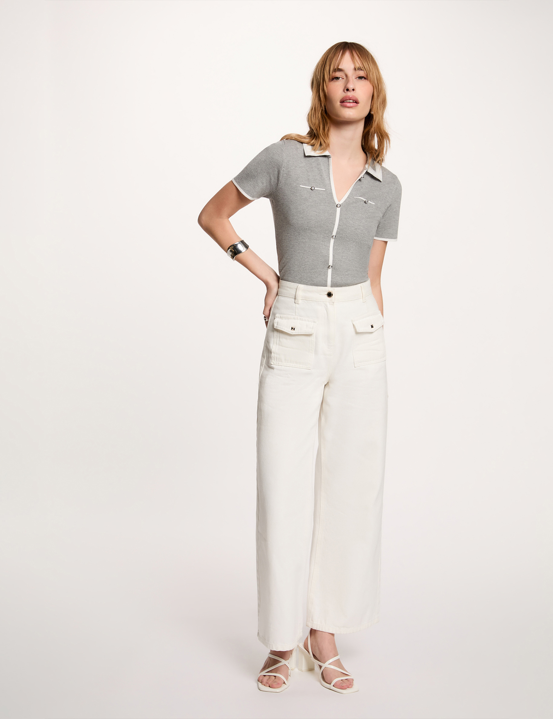 Pull col polo manches courtes gris clair femme