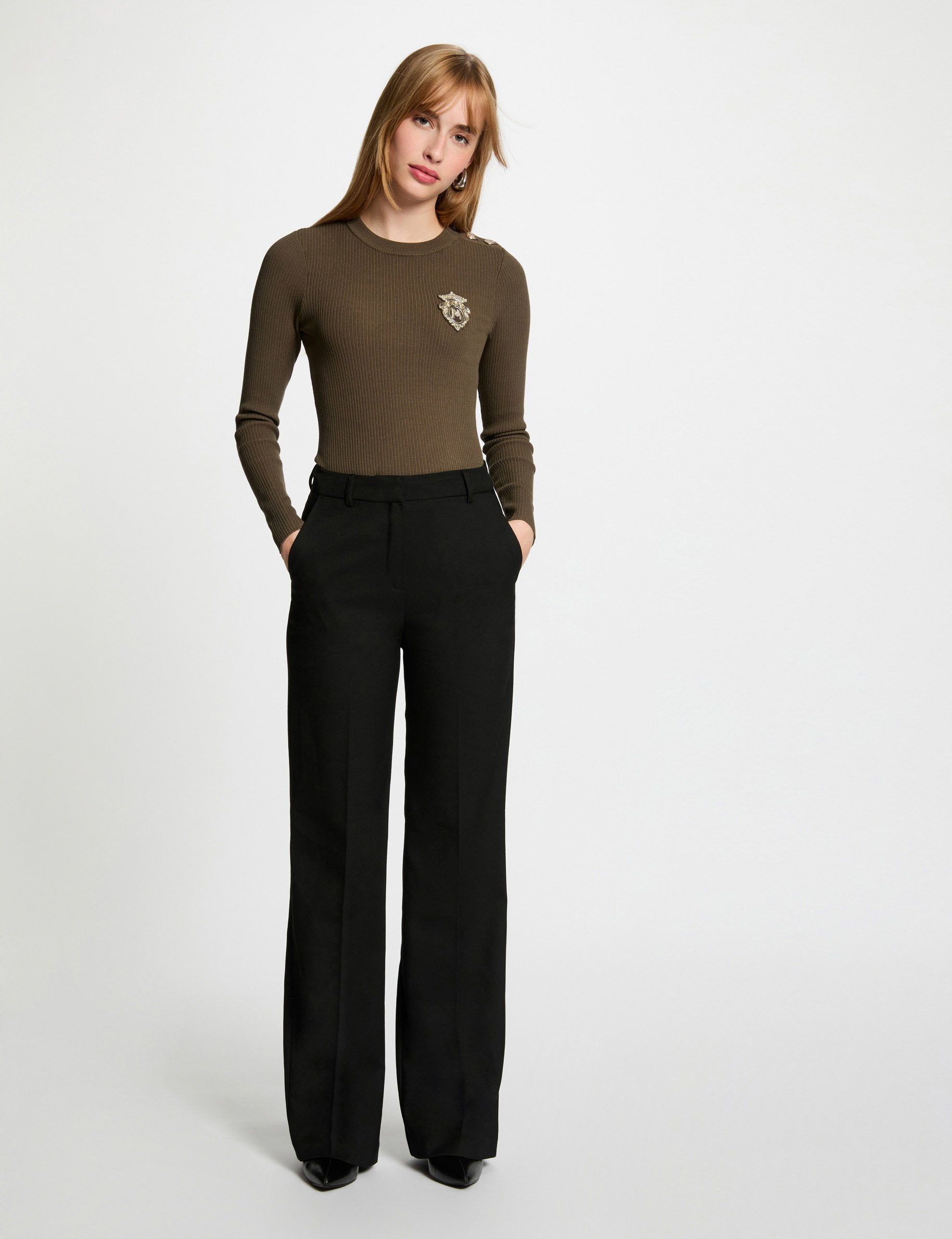 Pull col rond côtelé vert kaki femme