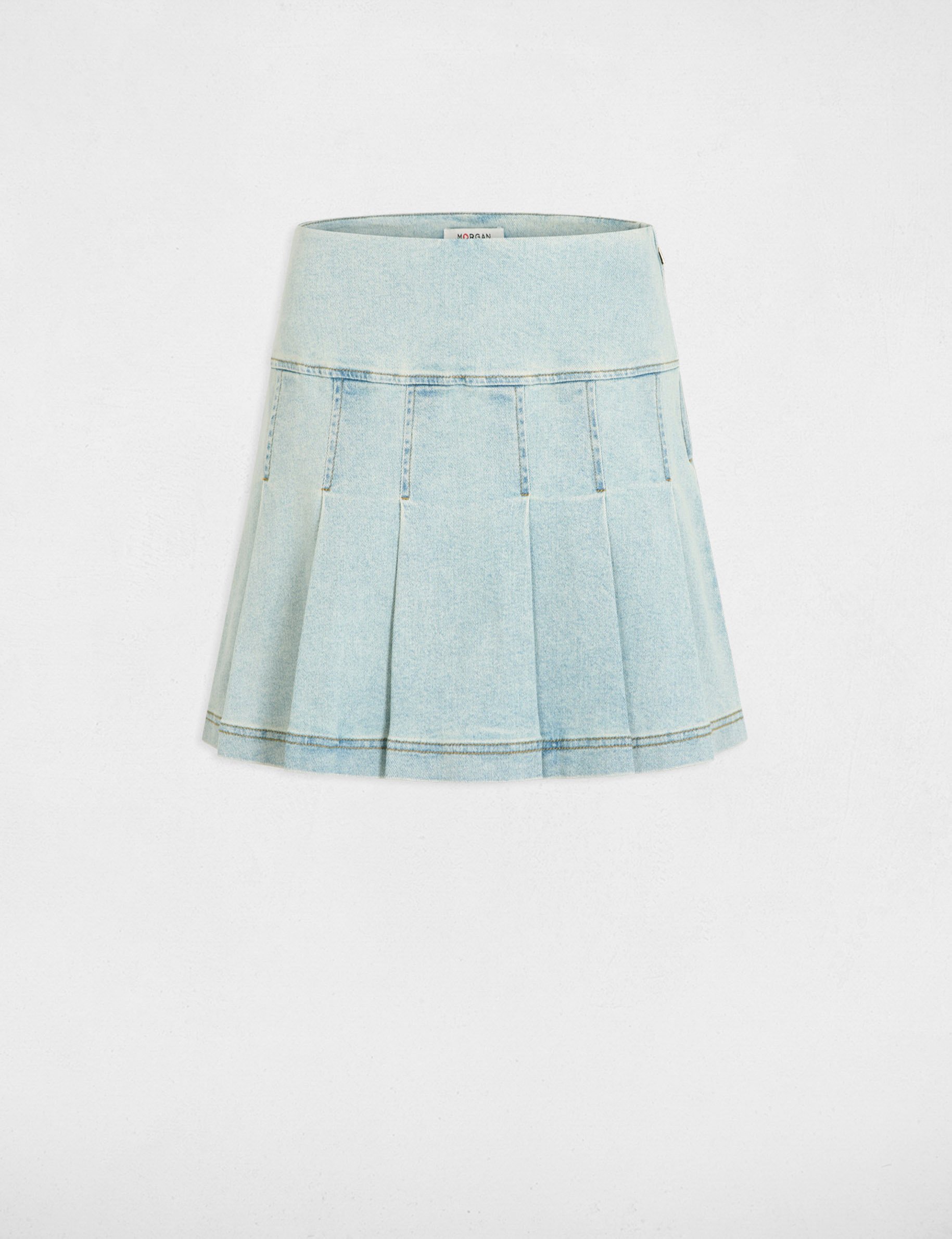 Jupe courte pliss&eacute;e denim bleach femme