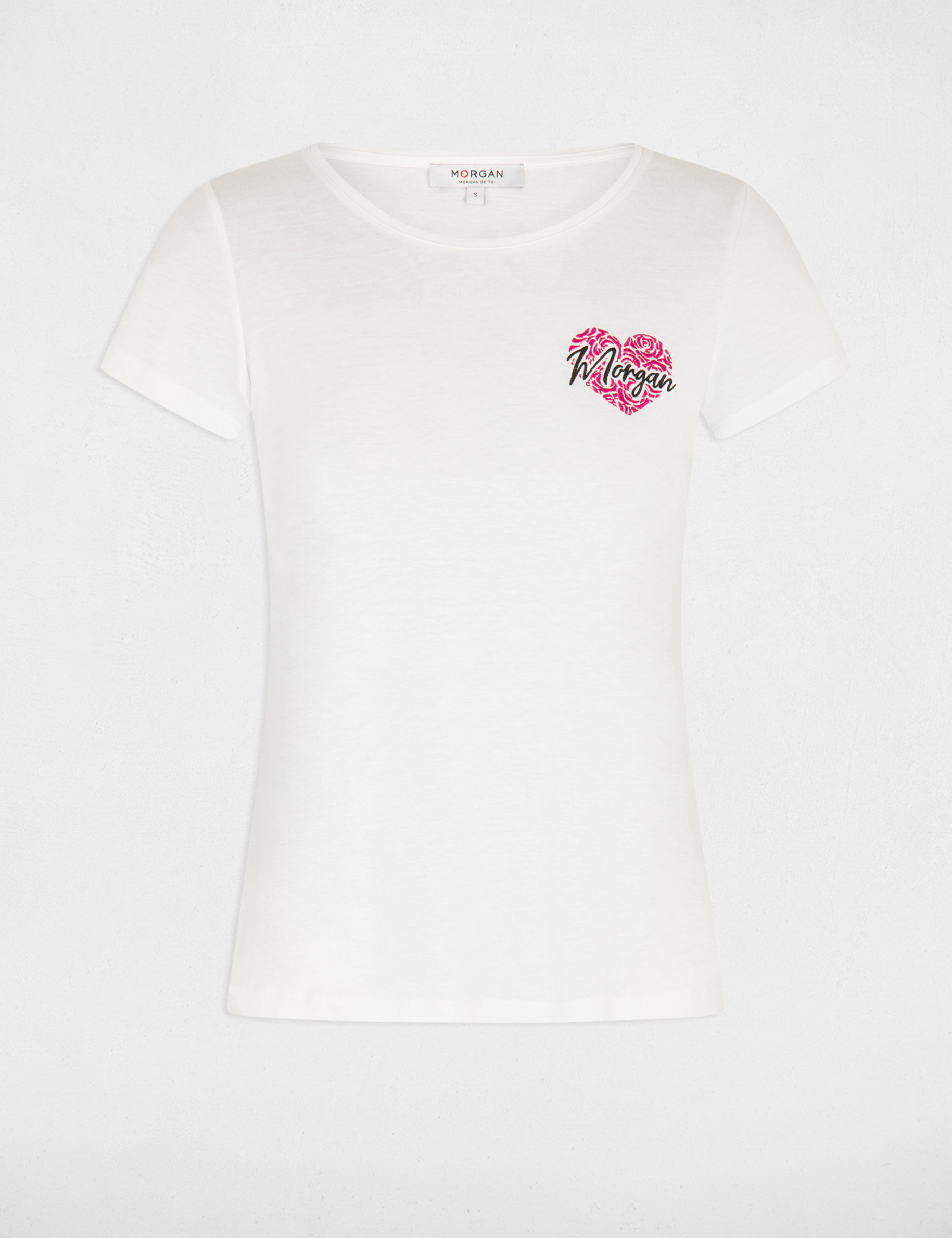 T-shirt manches courtes brodé ecru femme