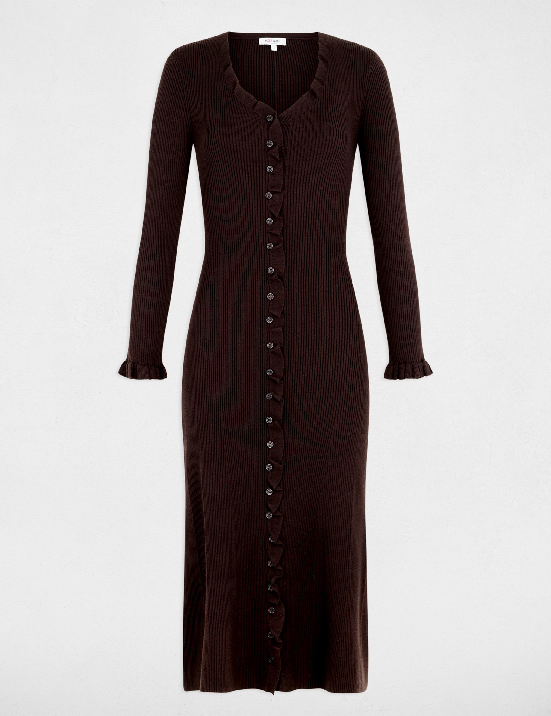 Robe tricot longue col v marron fonc&eacute; femme