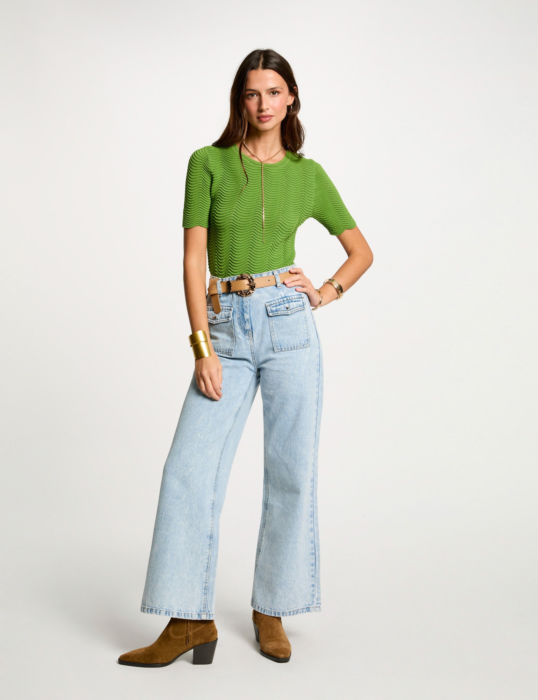 brede jeans met hoge taille gebleekt denim vrouw Brede jeans met hoge taille gebleekt denim vrouw