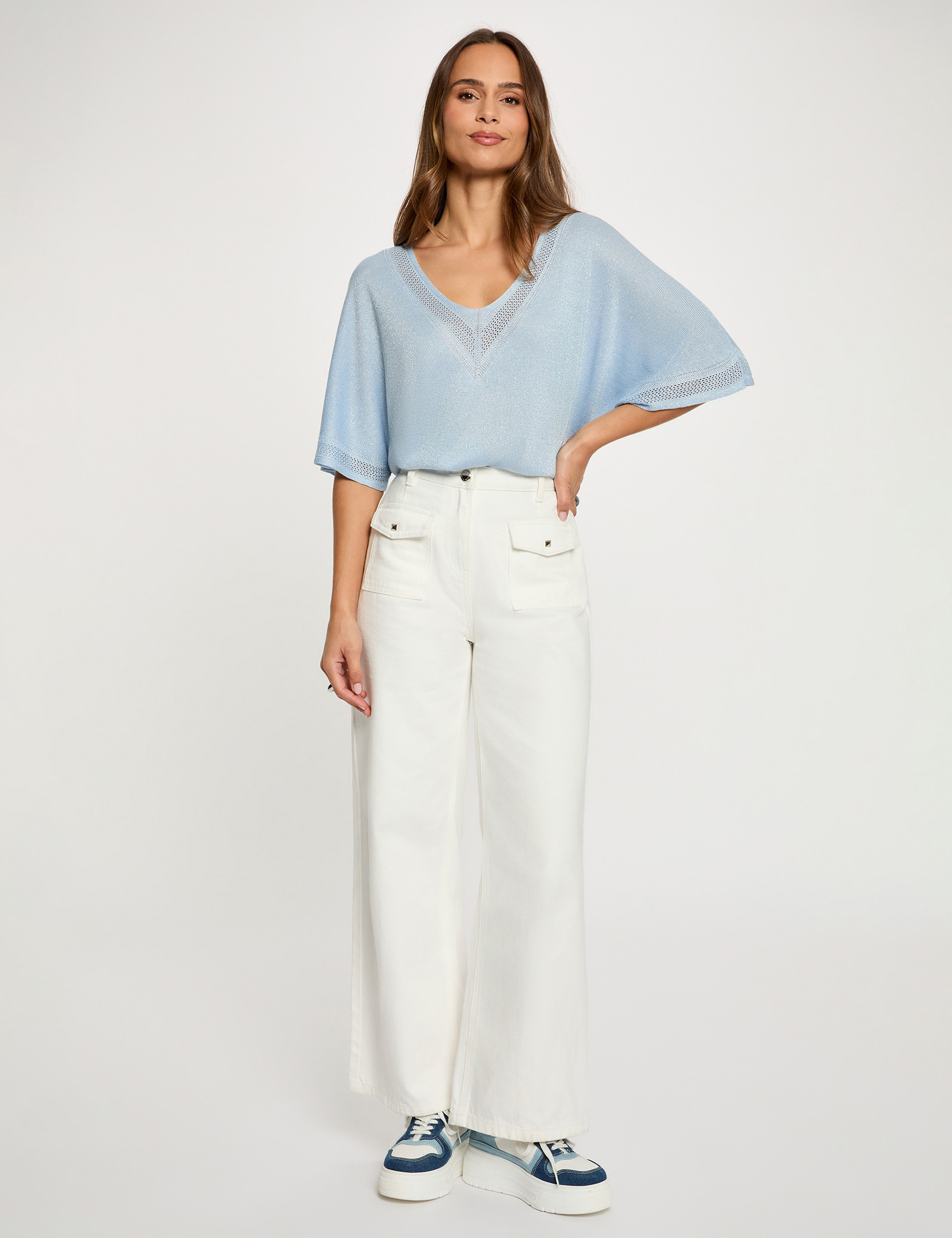 Trui V-hals en korte mouwen hemelsblauw vrouw